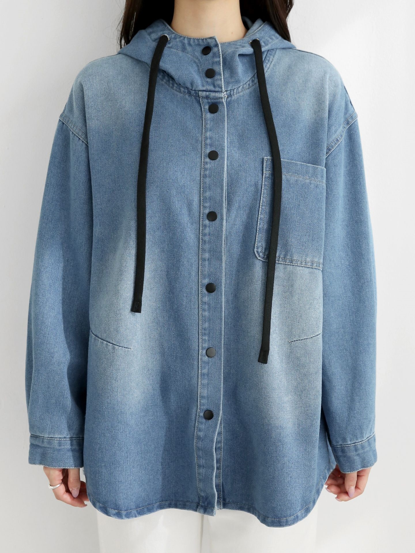 デニムストラップハーフネックフードラインオーバーサイズ長袖ワンポケットスナップボタンジャケット | 詳細画像21