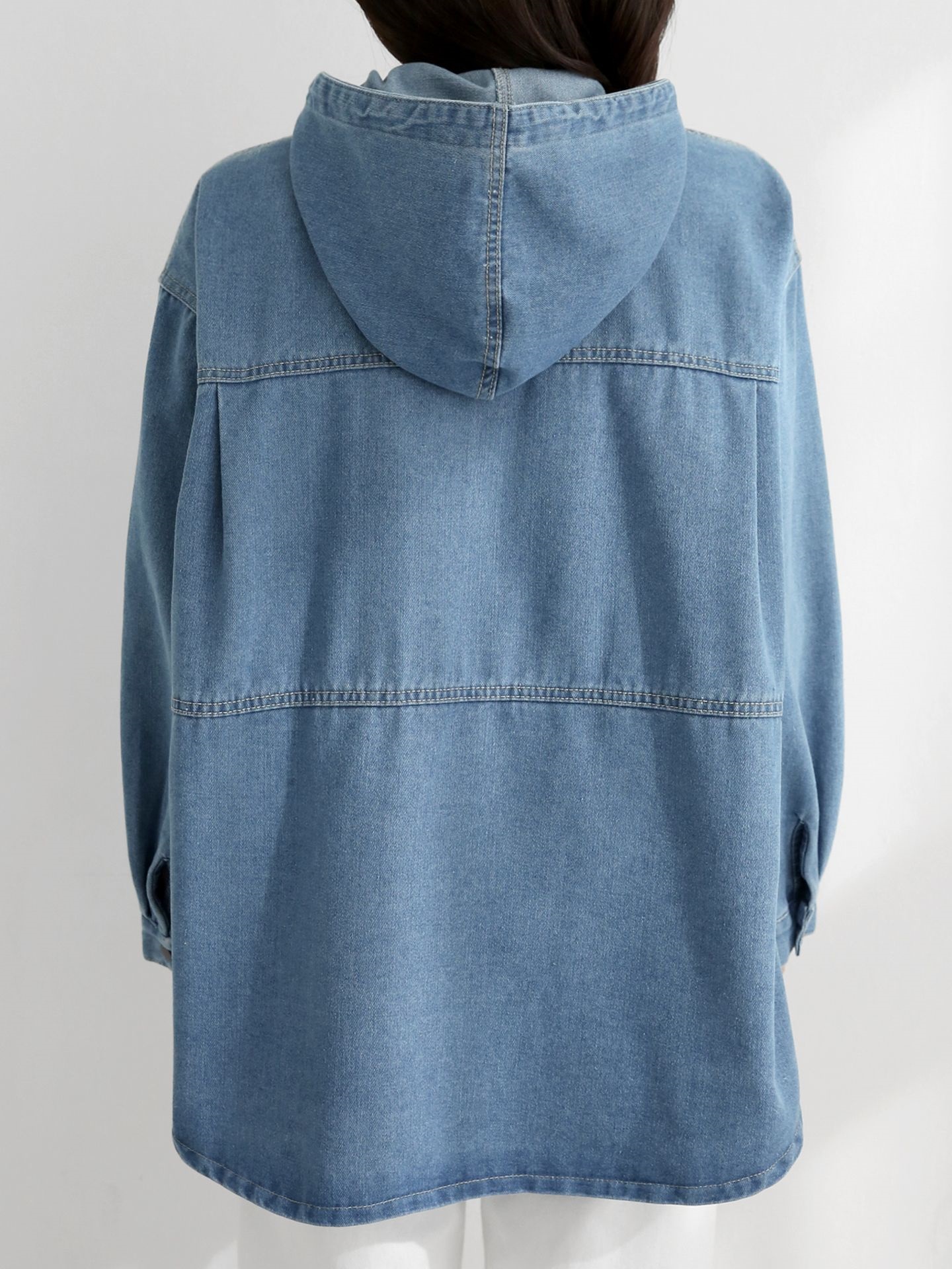 デニムストラップハーフネックフードラインオーバーサイズ長袖ワンポケットスナップボタンジャケット | 詳細画像23