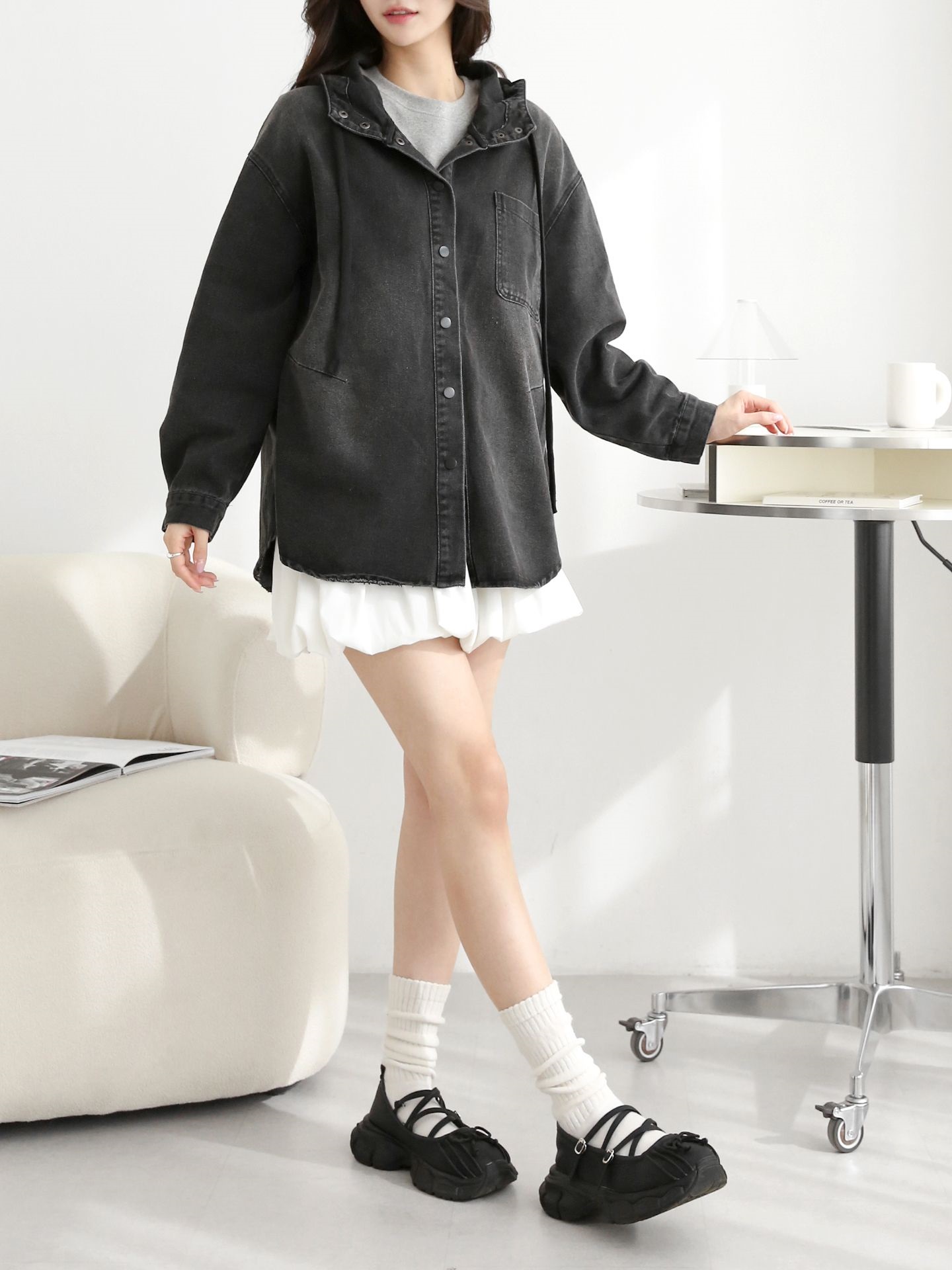 デニムストラップハーフネックフードラインオーバーサイズ長袖ワンポケットスナップボタンジャケット | 詳細画像15