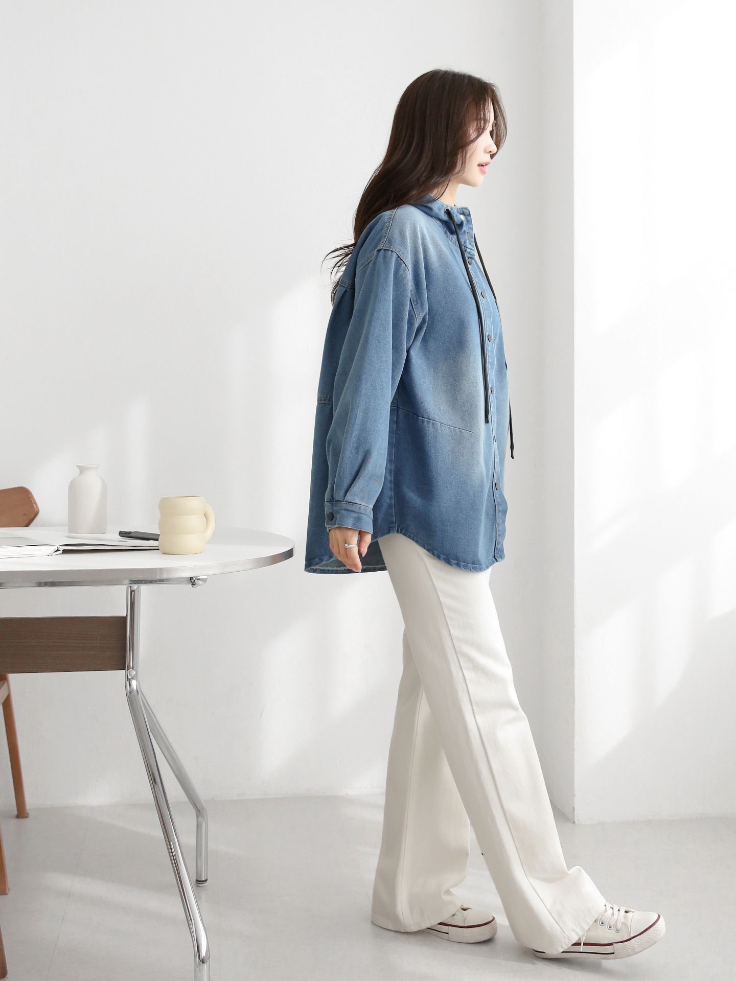デニムストラップハーフネックフードラインオーバーサイズ長袖ワンポケットスナップボタンジャケット | 詳細画像6