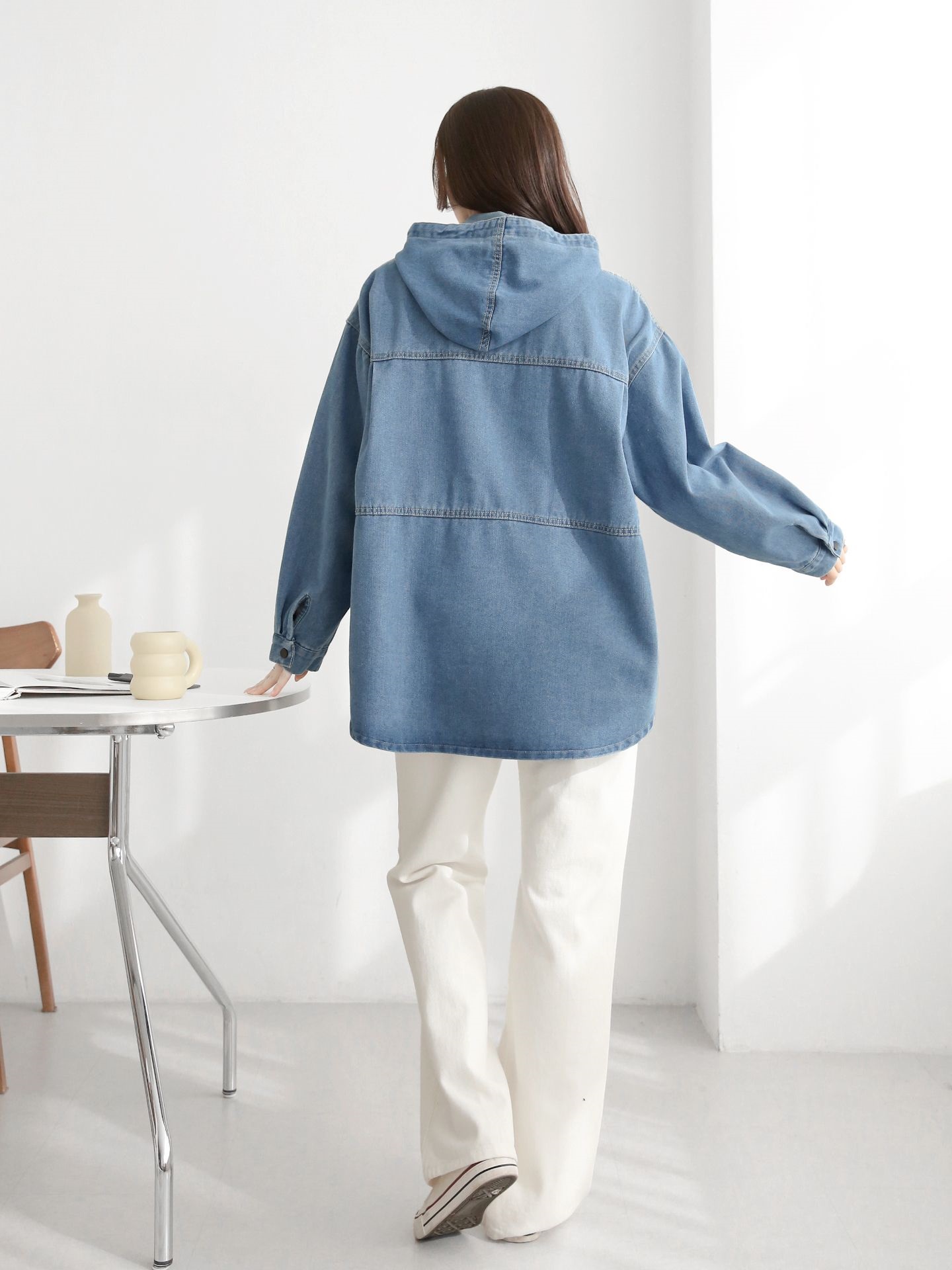 デニムストラップハーフネックフードラインオーバーサイズ長袖ワンポケットスナップボタンジャケット | 詳細画像7