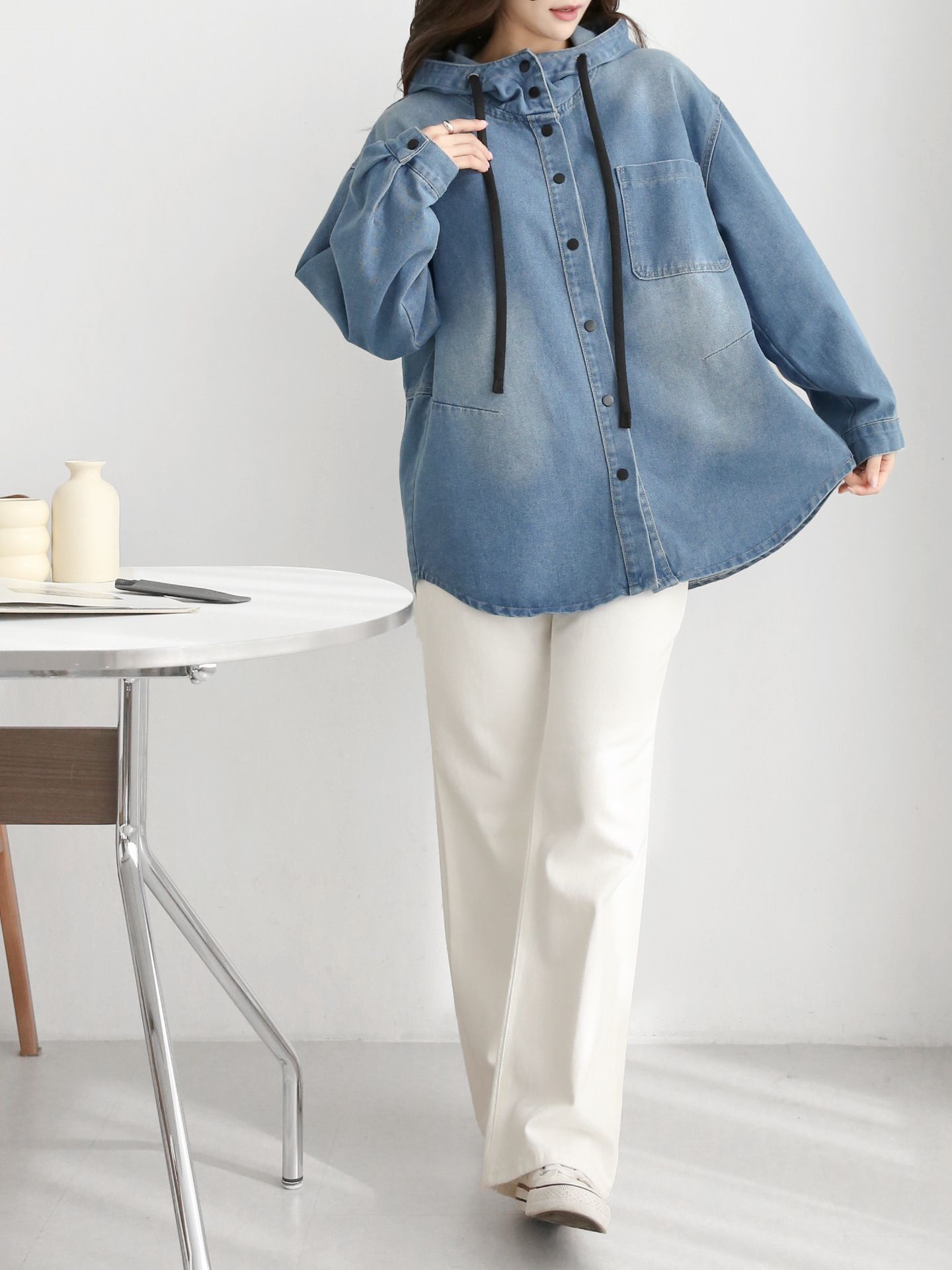 デニムストラップハーフネックフードラインオーバーサイズ長袖ワンポケットスナップボタンジャケット | 詳細画像8