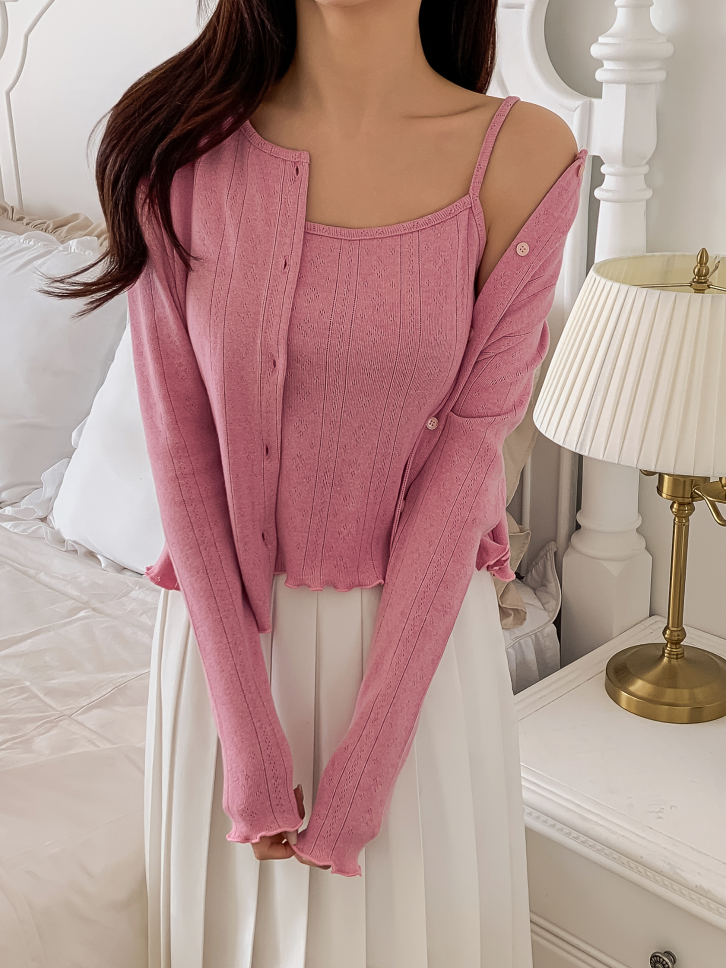 ボタンラウンドネックメロウ長袖レイヤードカーディガンキャミソールアンサンブル | 詳細画像19