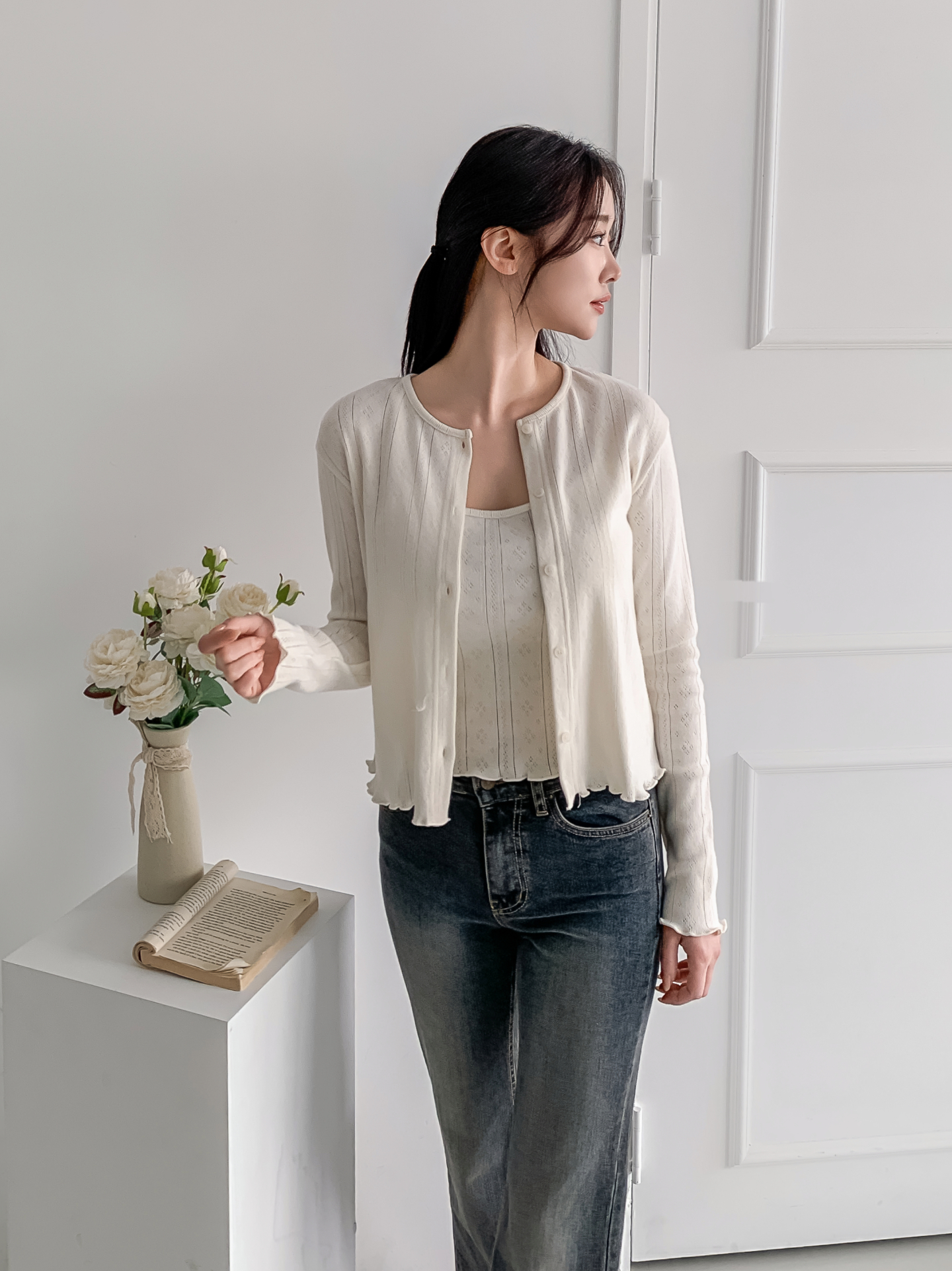 ボタンラウンドネックメロウ長袖レイヤードカーディガンキャミソールアンサンブル | 詳細画像2