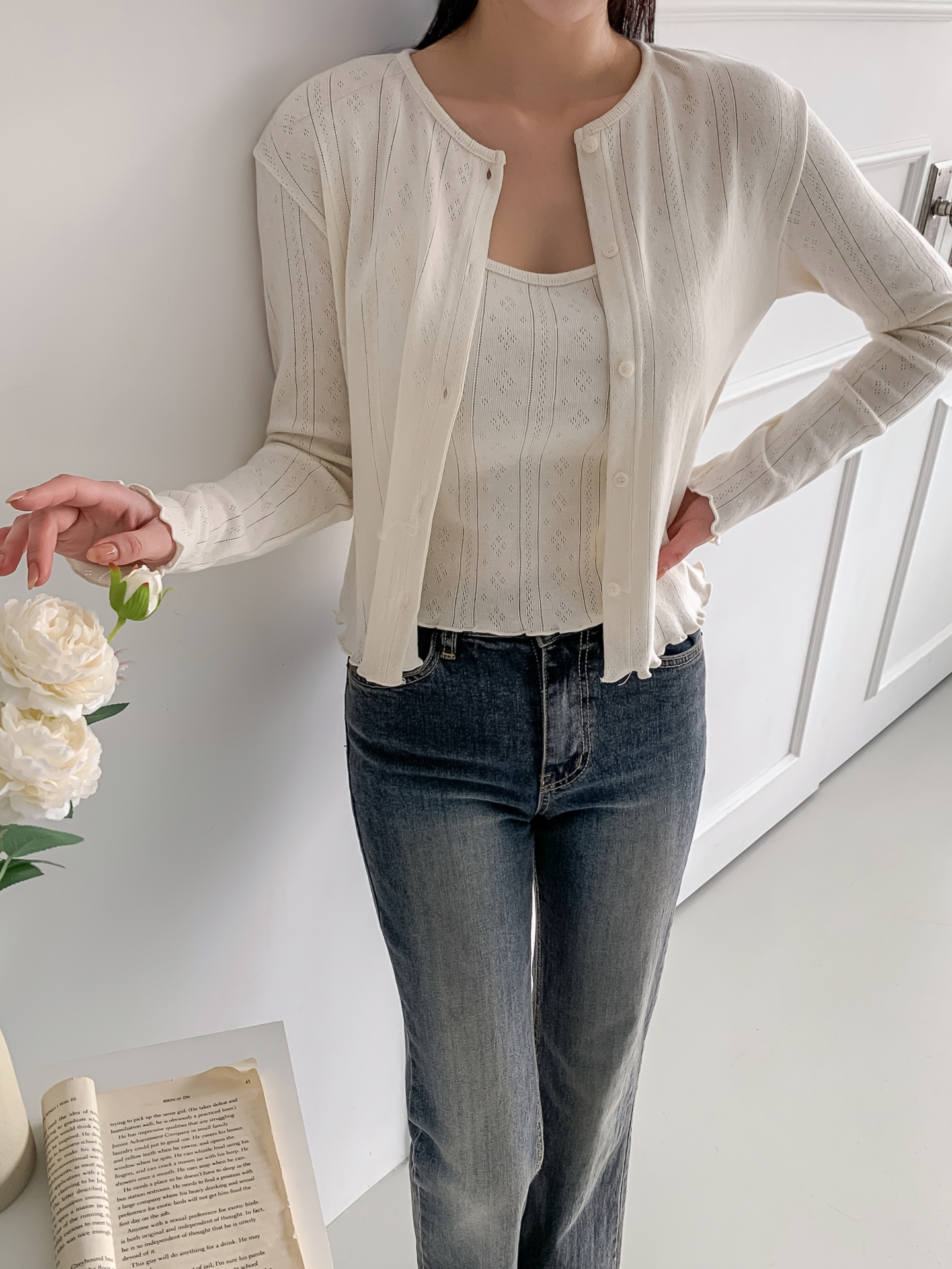 ボタンラウンドネックメロウ長袖レイヤードカーディガンキャミソールアンサンブル | 詳細画像31