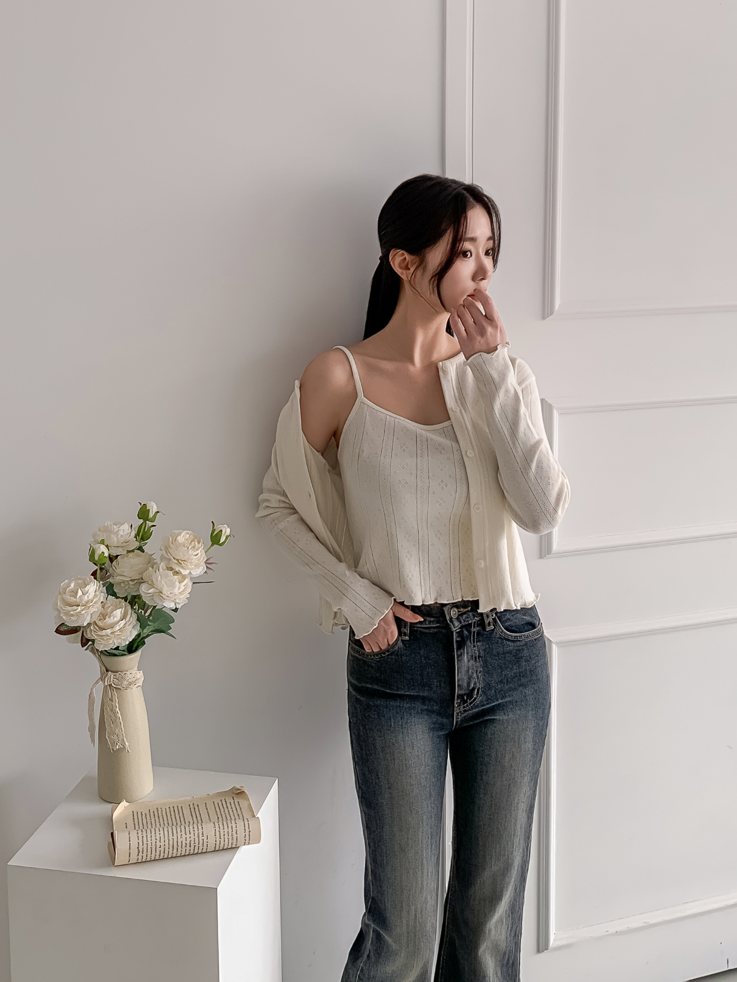 ボタンラウンドネックメロウ長袖レイヤードカーディガンキャミソールアンサンブル | 詳細画像7