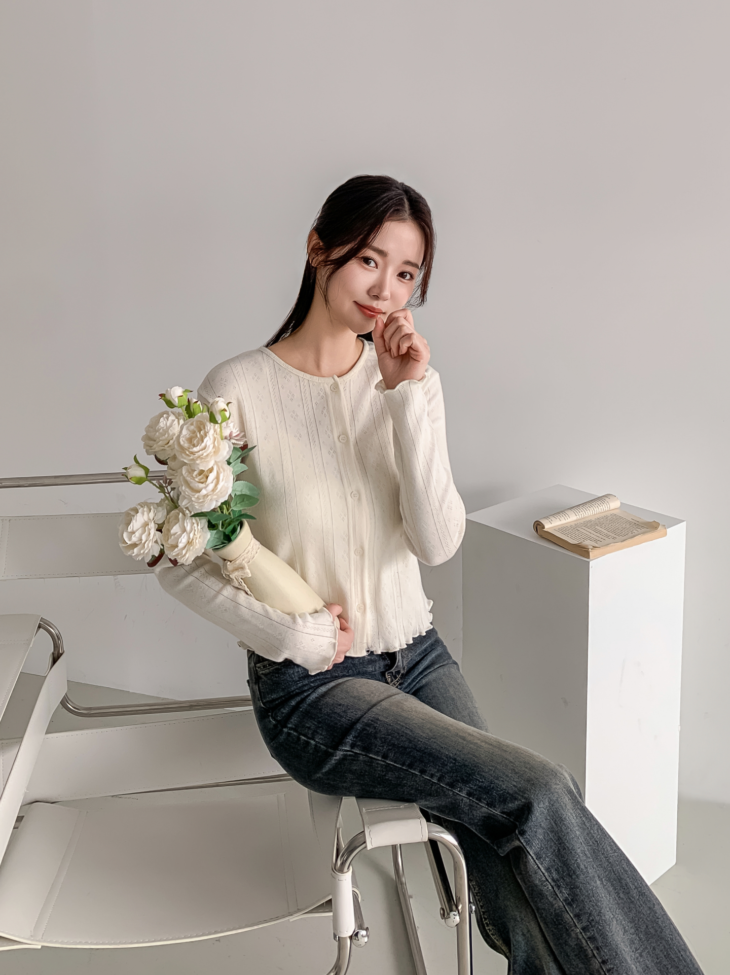 ボタンラウンドネックメロウ長袖レイヤードカーディガンキャミソールアンサンブル | 詳細画像10