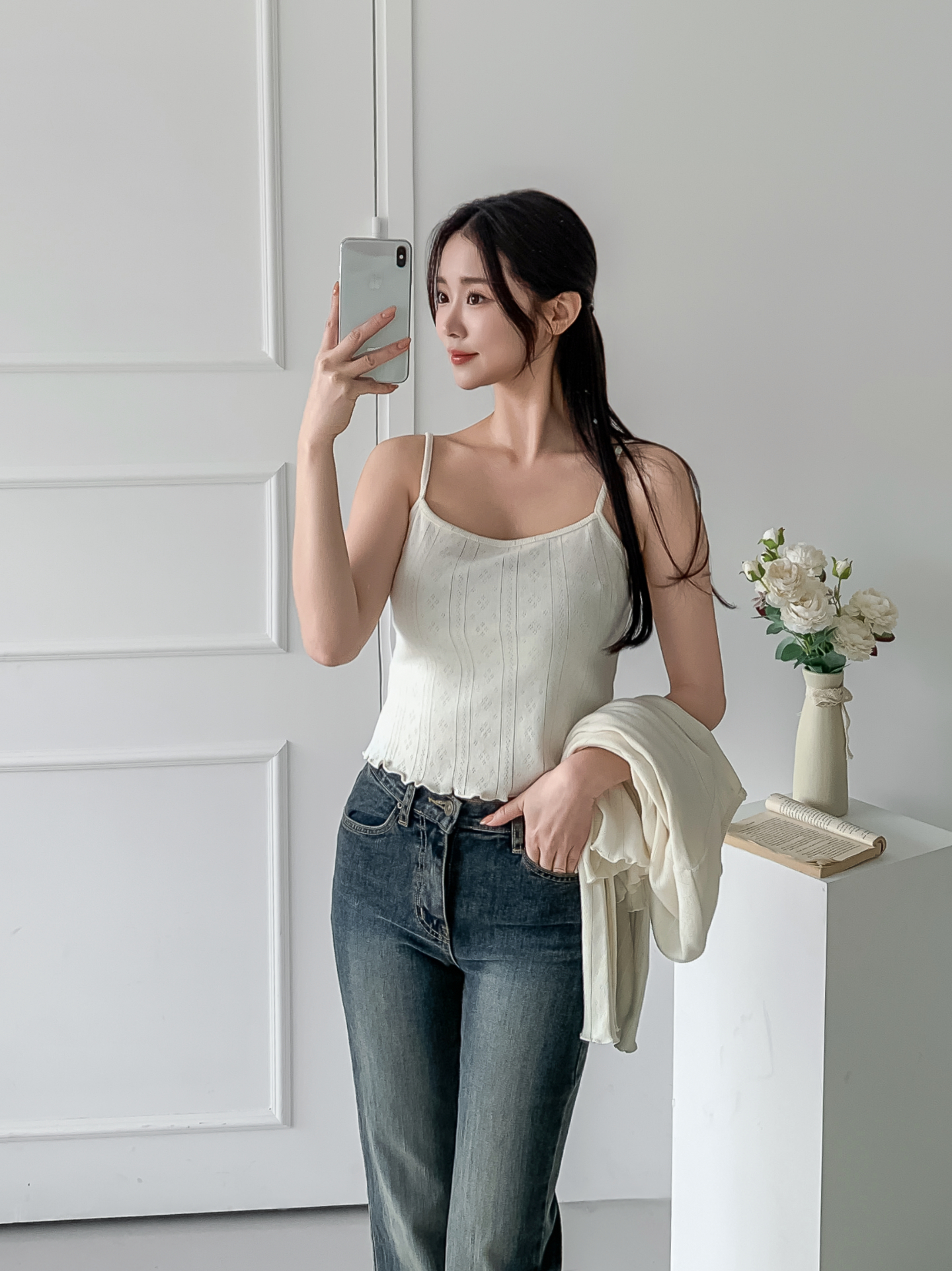 ボタンラウンドネックメロウ長袖レイヤードカーディガンキャミソールアンサンブル | 詳細画像11