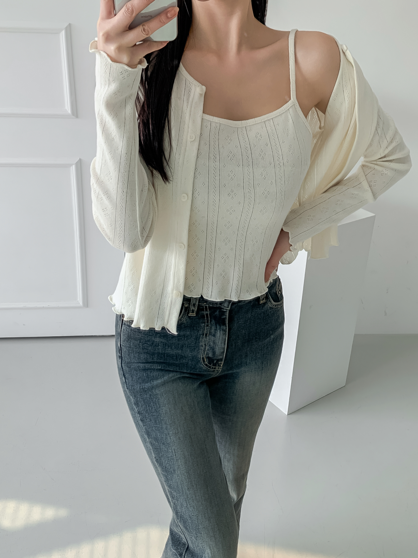 ボタンラウンドネックメロウ長袖レイヤードカーディガンキャミソールアンサンブル | 詳細画像12