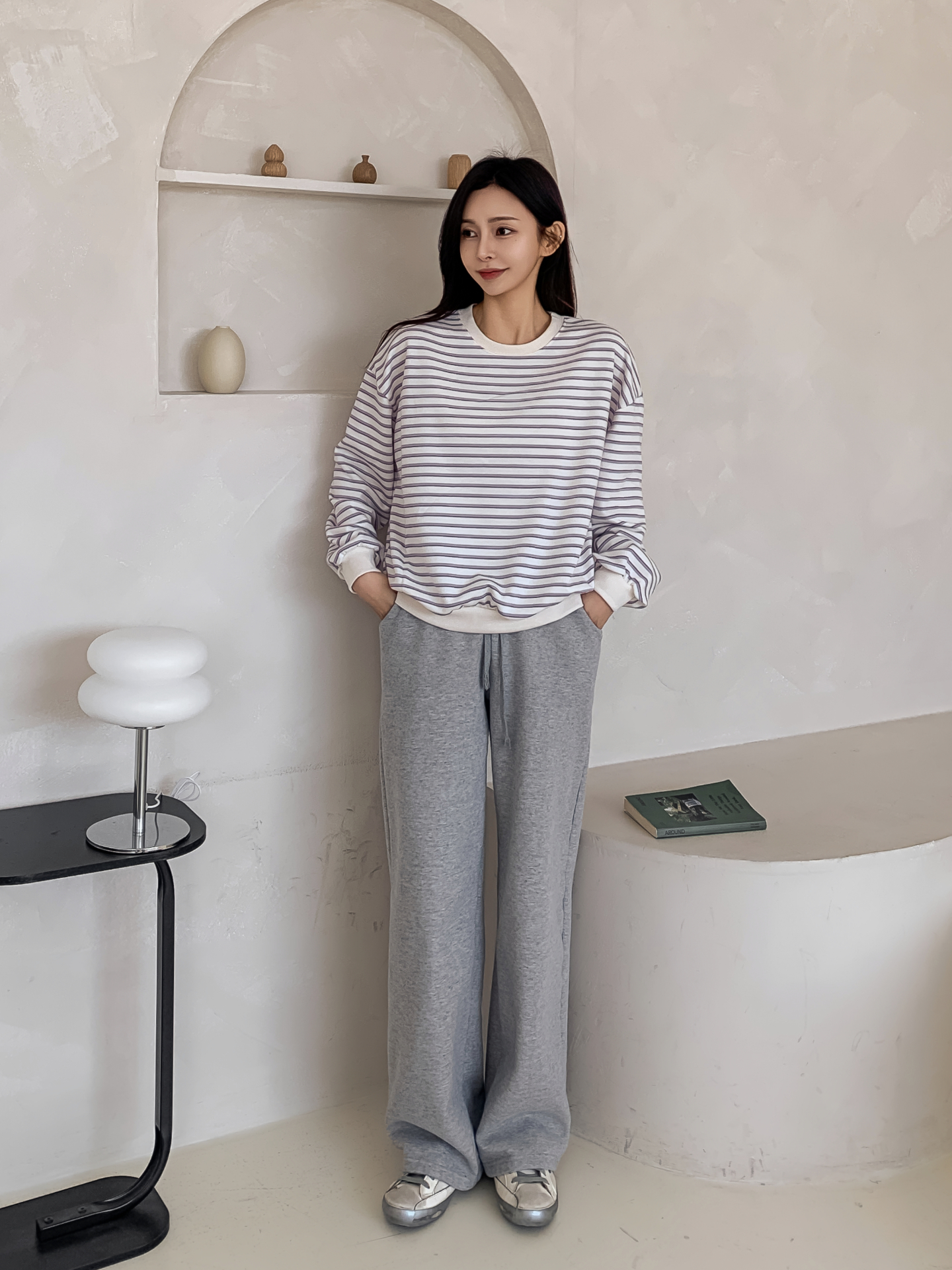 ラウンドネックルーズ長袖ボーダー配色スウェット | 詳細画像2