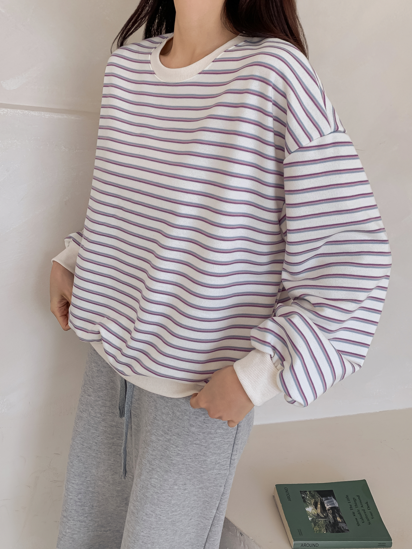 ラウンドネックルーズ長袖ボーダー配色スウェット | 詳細画像4