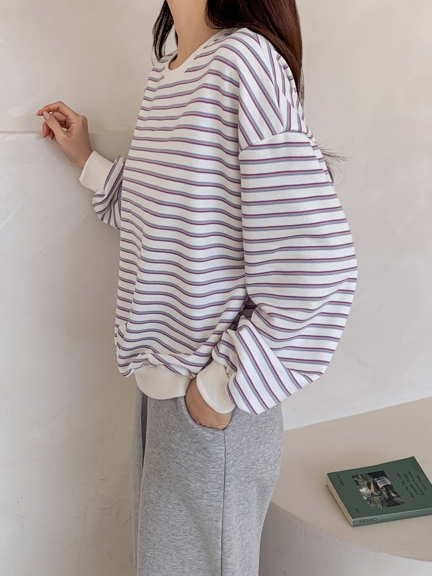 ラウンドネックルーズ長袖ボーダー配色スウェット | 詳細画像5