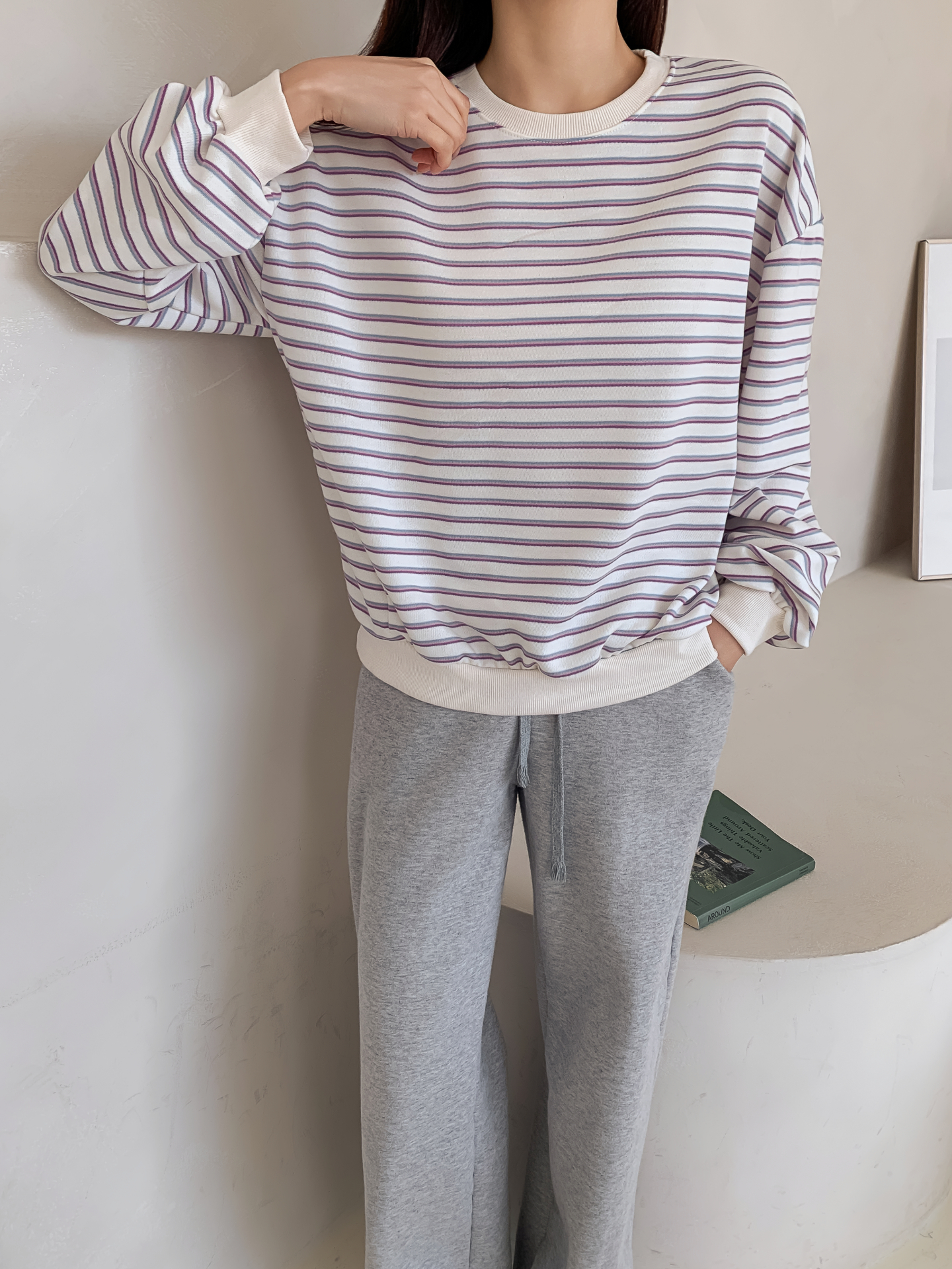 ラウンドネックルーズ長袖ボーダー配色スウェット | 詳細画像7