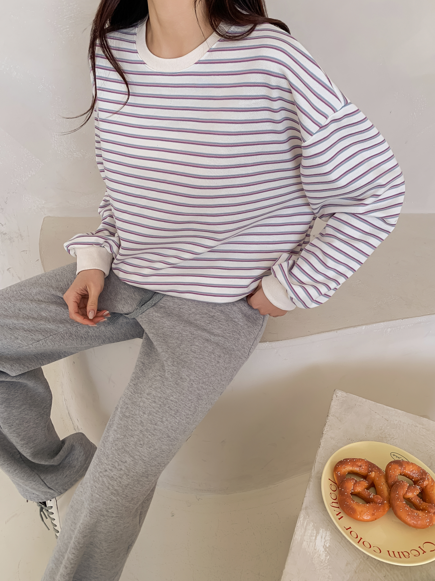 ラウンドネックルーズ長袖ボーダー配色スウェット | 詳細画像14