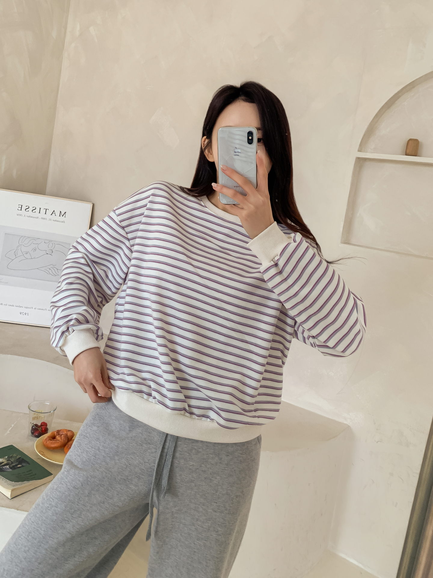 ラウンドネックルーズ長袖ボーダー配色スウェット | 詳細画像15