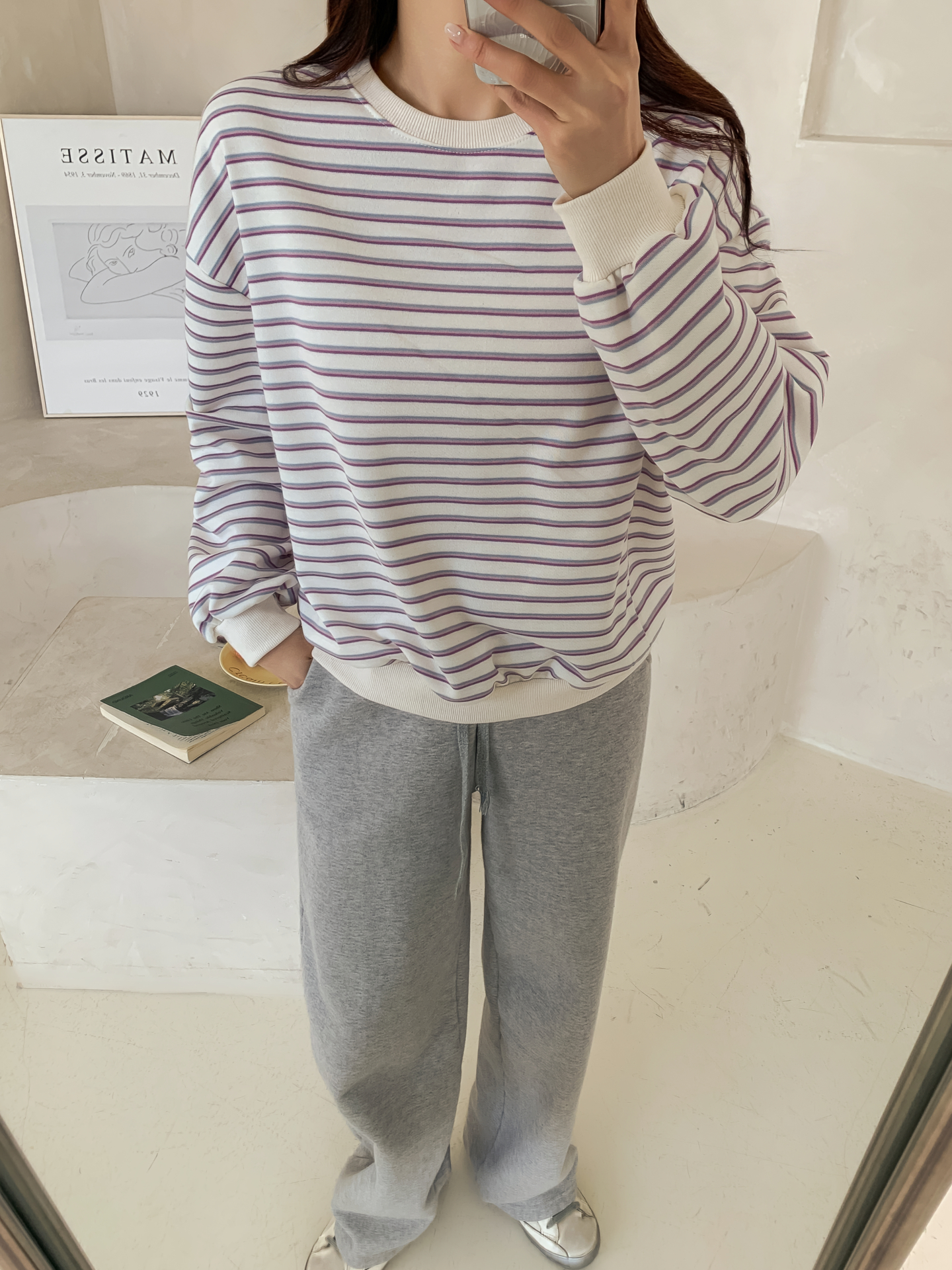 ラウンドネックルーズ長袖ボーダー配色スウェット | 詳細画像16