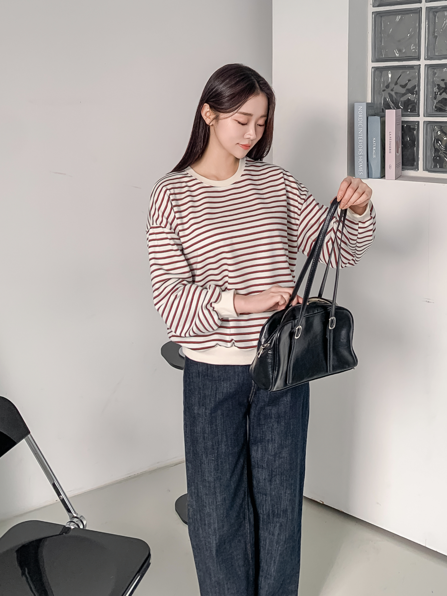 ラウンドネックルーズ長袖ボーダー配色スウェット | 詳細画像17