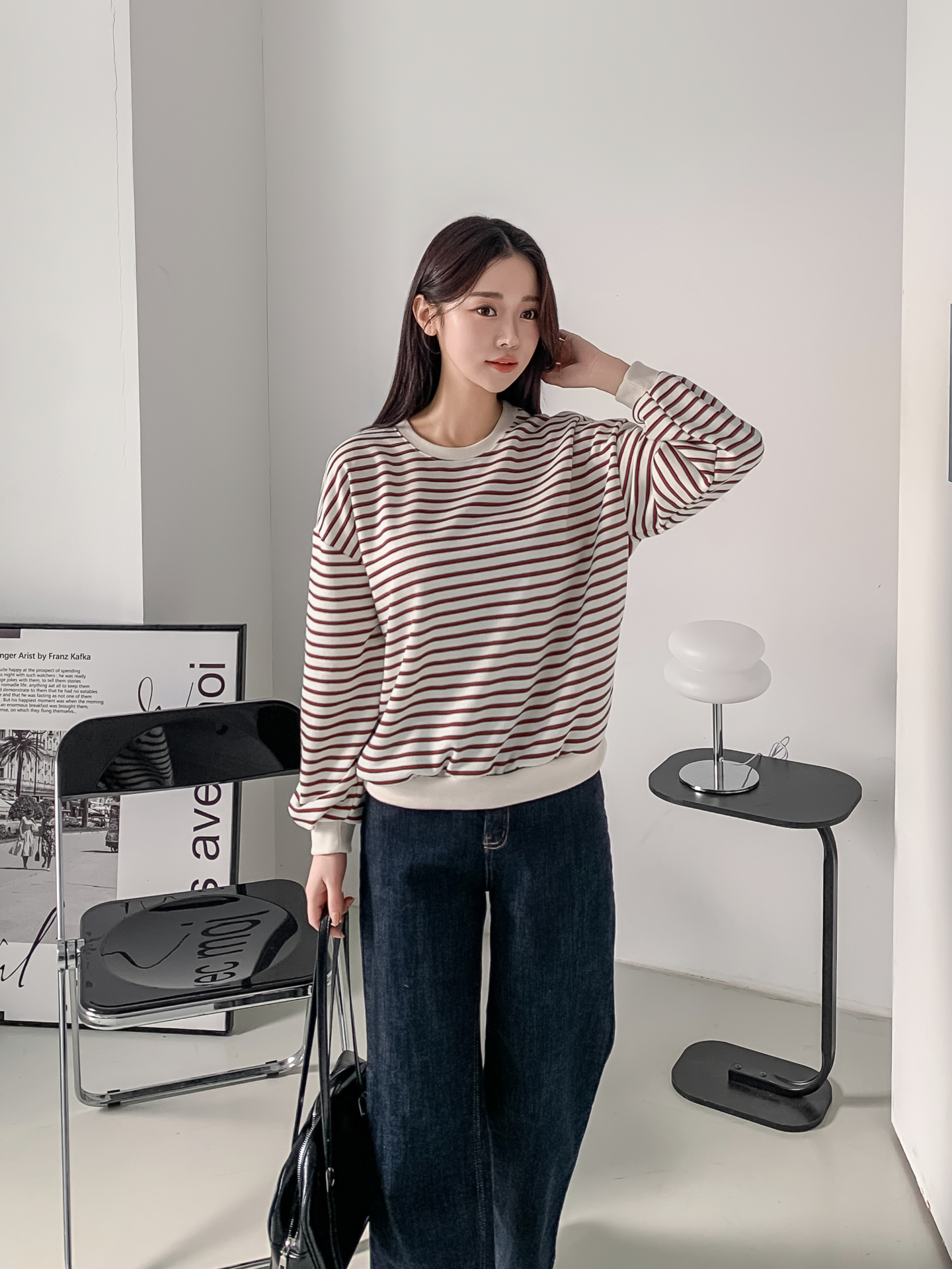 ラウンドネックルーズ長袖ボーダー配色スウェット | 詳細画像18