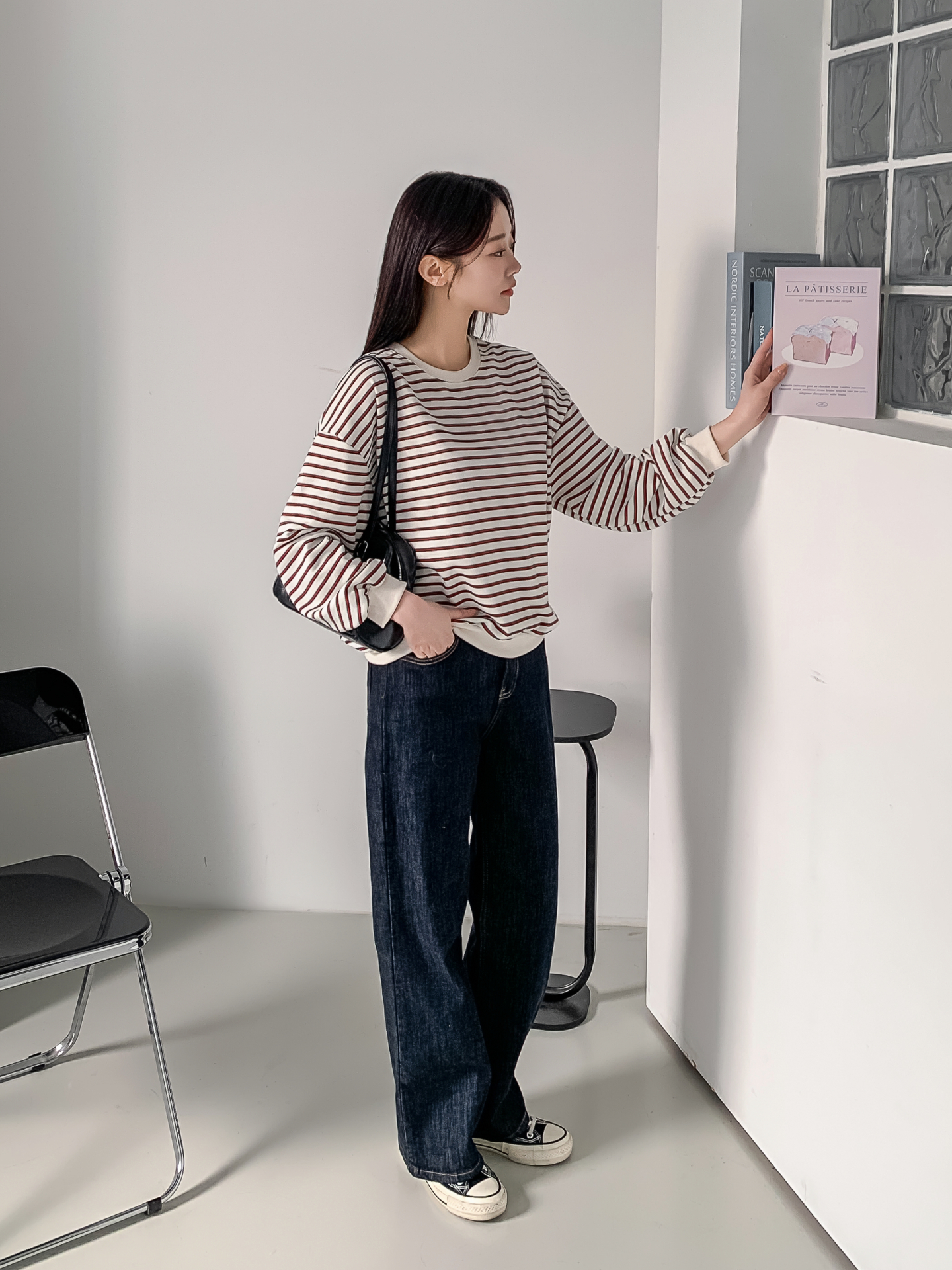 ラウンドネックルーズ長袖ボーダー配色スウェット | 詳細画像19