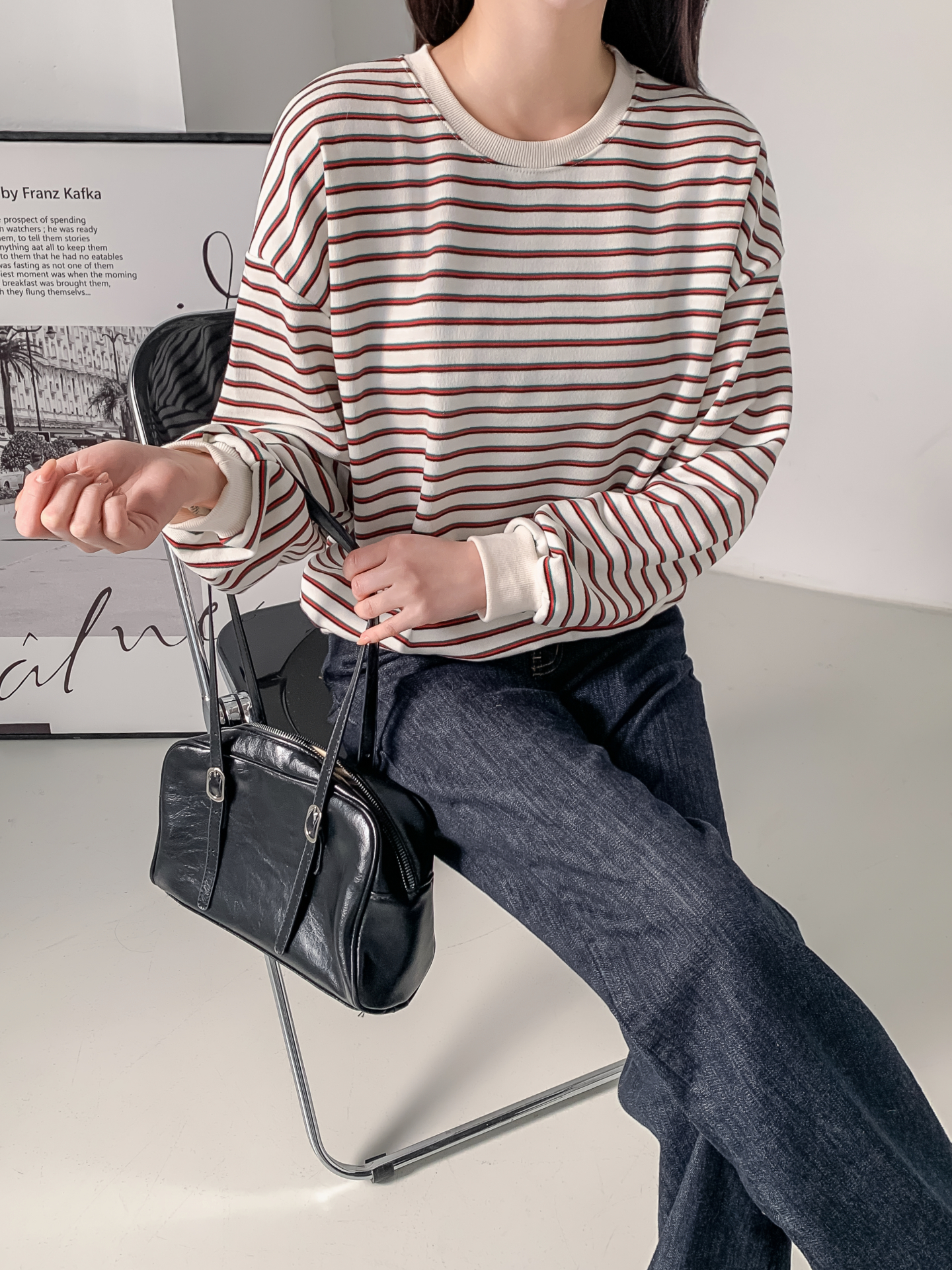 ラウンドネックルーズ長袖ボーダー配色スウェット | 詳細画像22