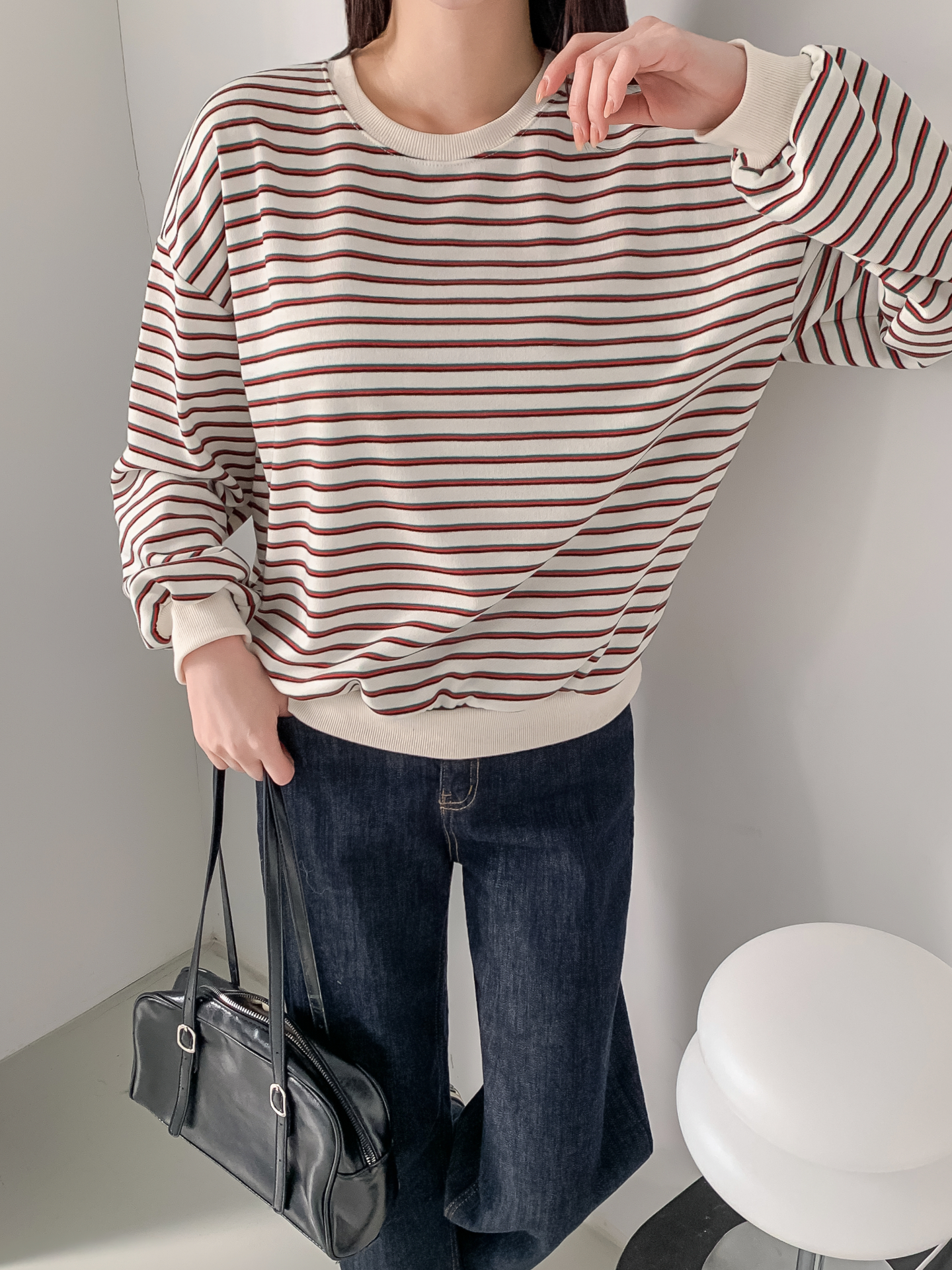 ラウンドネックルーズ長袖ボーダー配色スウェット | 詳細画像25