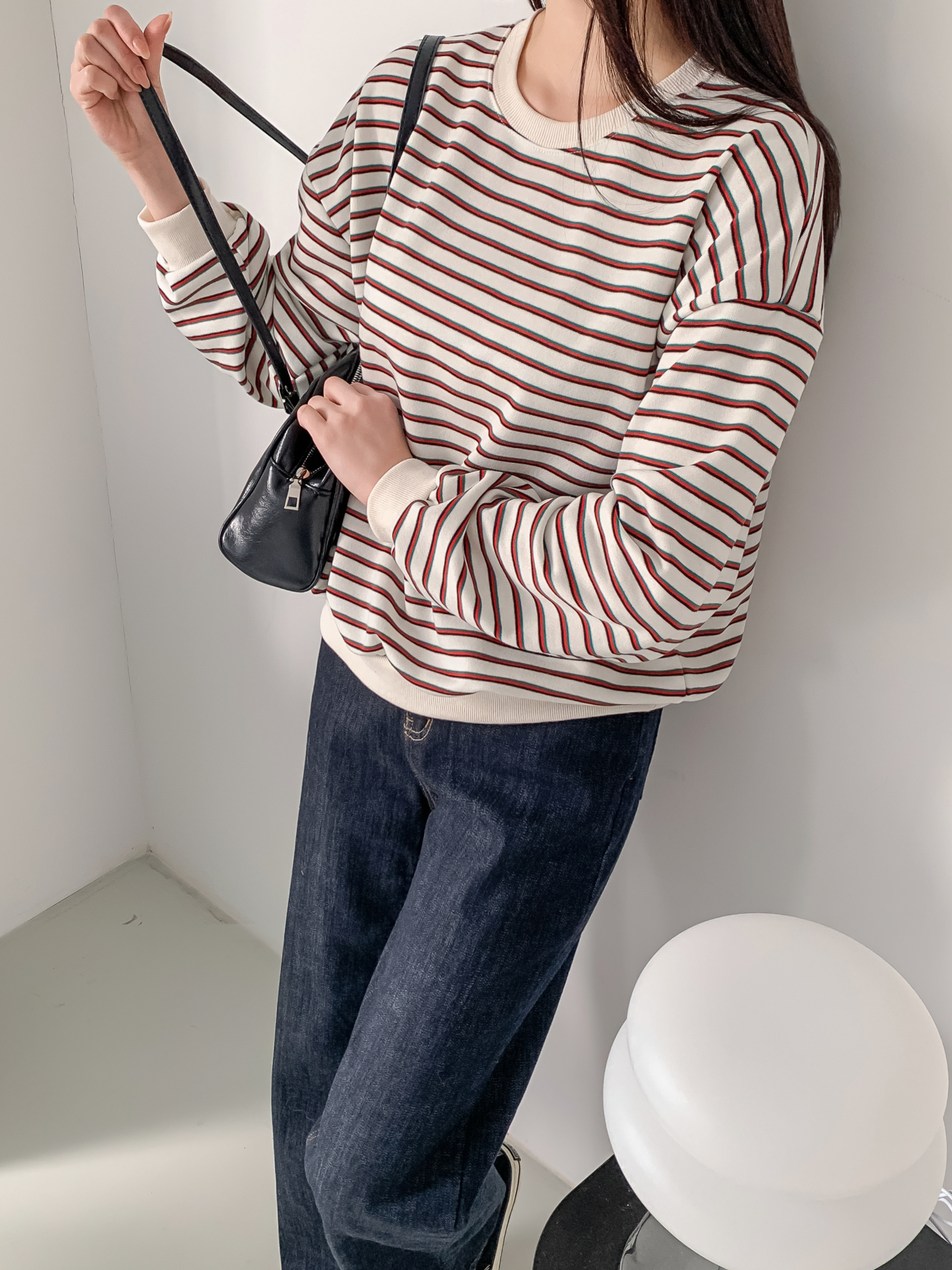 ラウンドネックルーズ長袖ボーダー配色スウェット | 詳細画像26