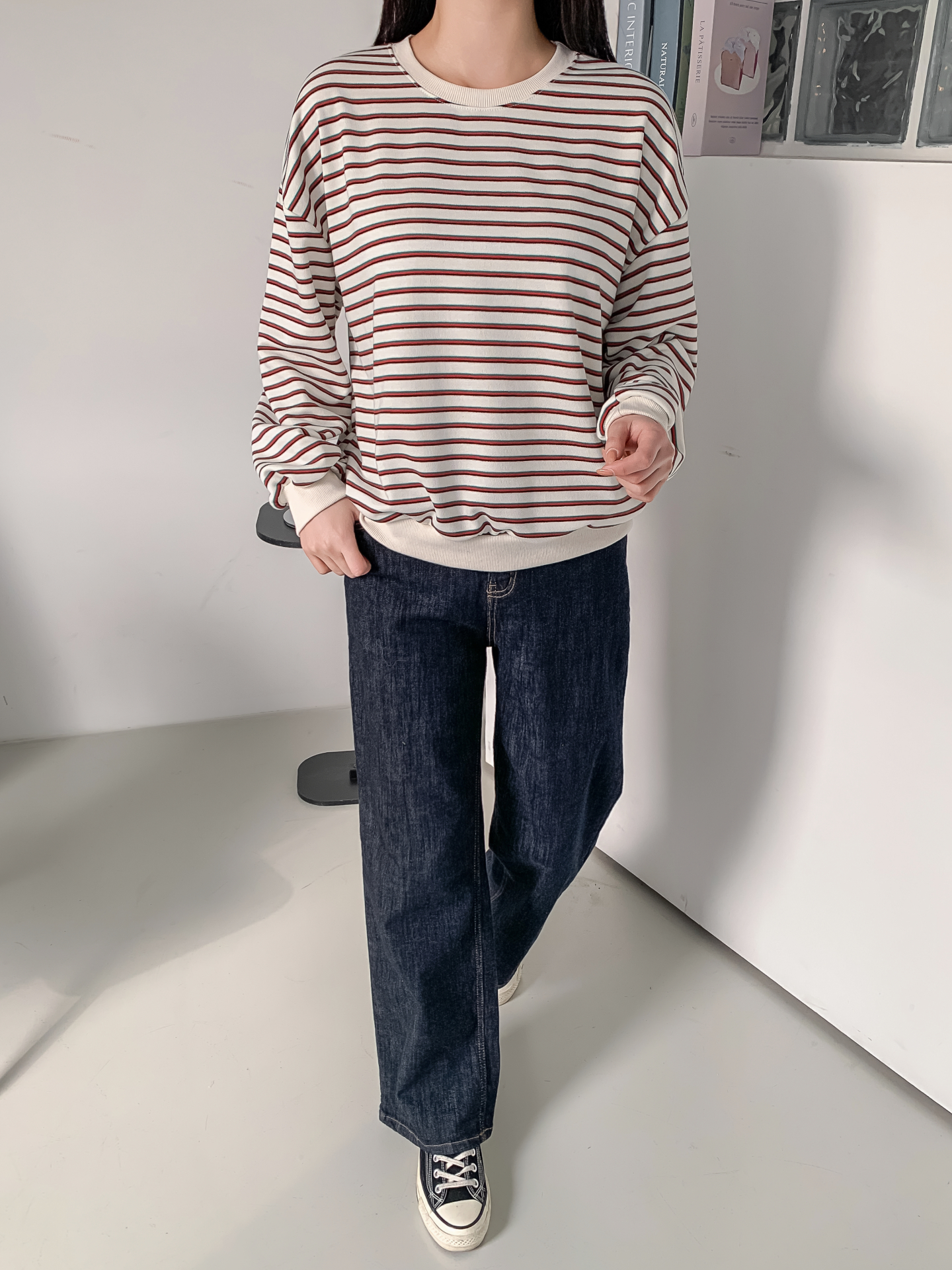 ラウンドネックルーズ長袖ボーダー配色スウェット | 詳細画像28