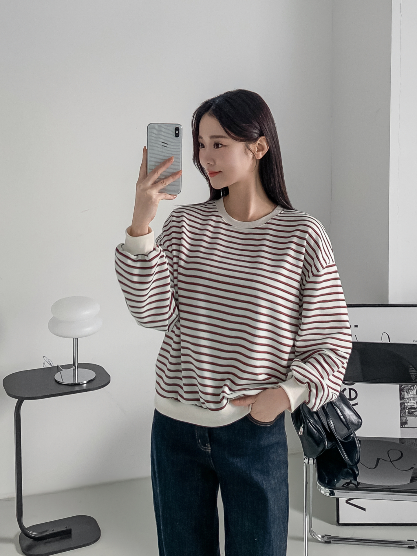 ラウンドネックルーズ長袖ボーダー配色スウェット | 詳細画像29