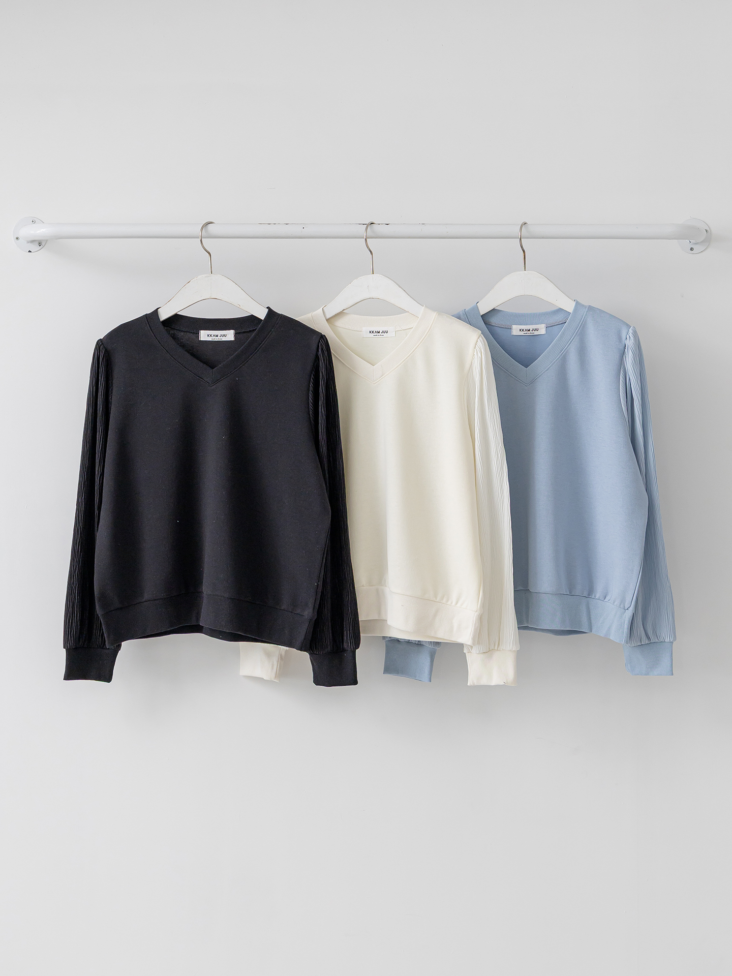 シフォンコンビVネックパフスリーブルーズ長袖無地ブラウススウェット | 詳細画像31