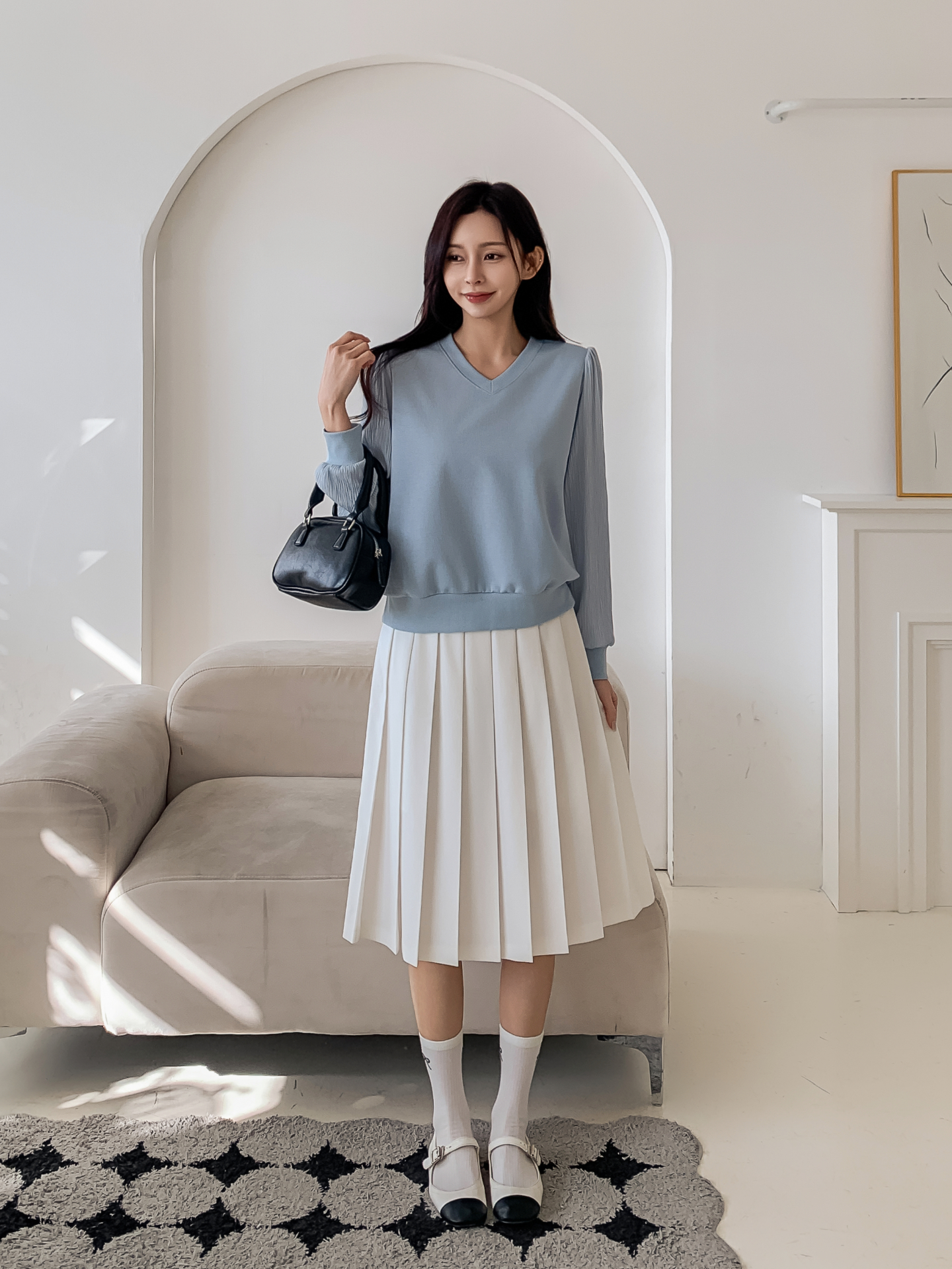 シフォンコンビVネックパフスリーブルーズ長袖無地ブラウススウェット | 詳細画像2