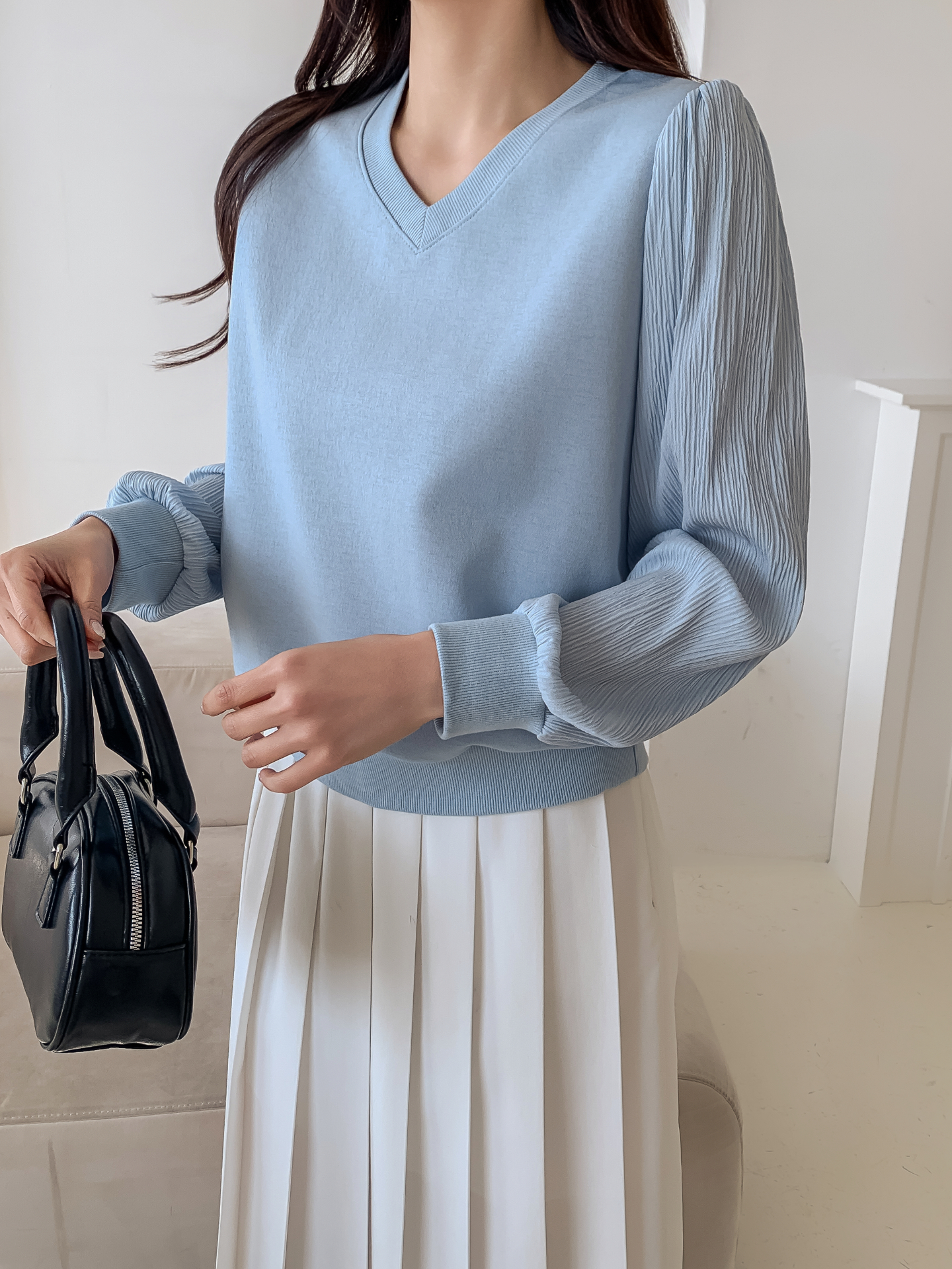 シフォンコンビVネックパフスリーブルーズ長袖無地ブラウススウェット | 詳細画像3