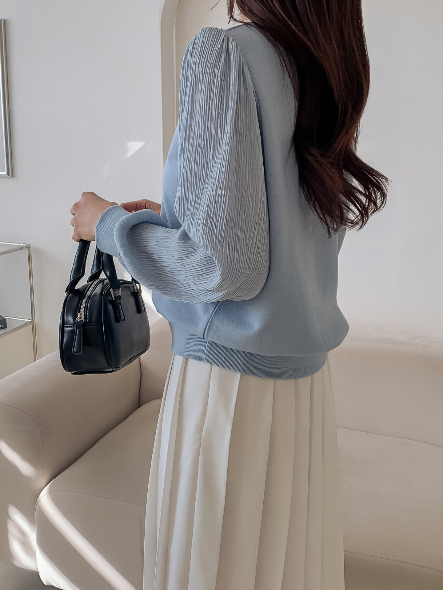 シフォンコンビVネックパフスリーブルーズ長袖無地ブラウススウェット | 詳細画像4