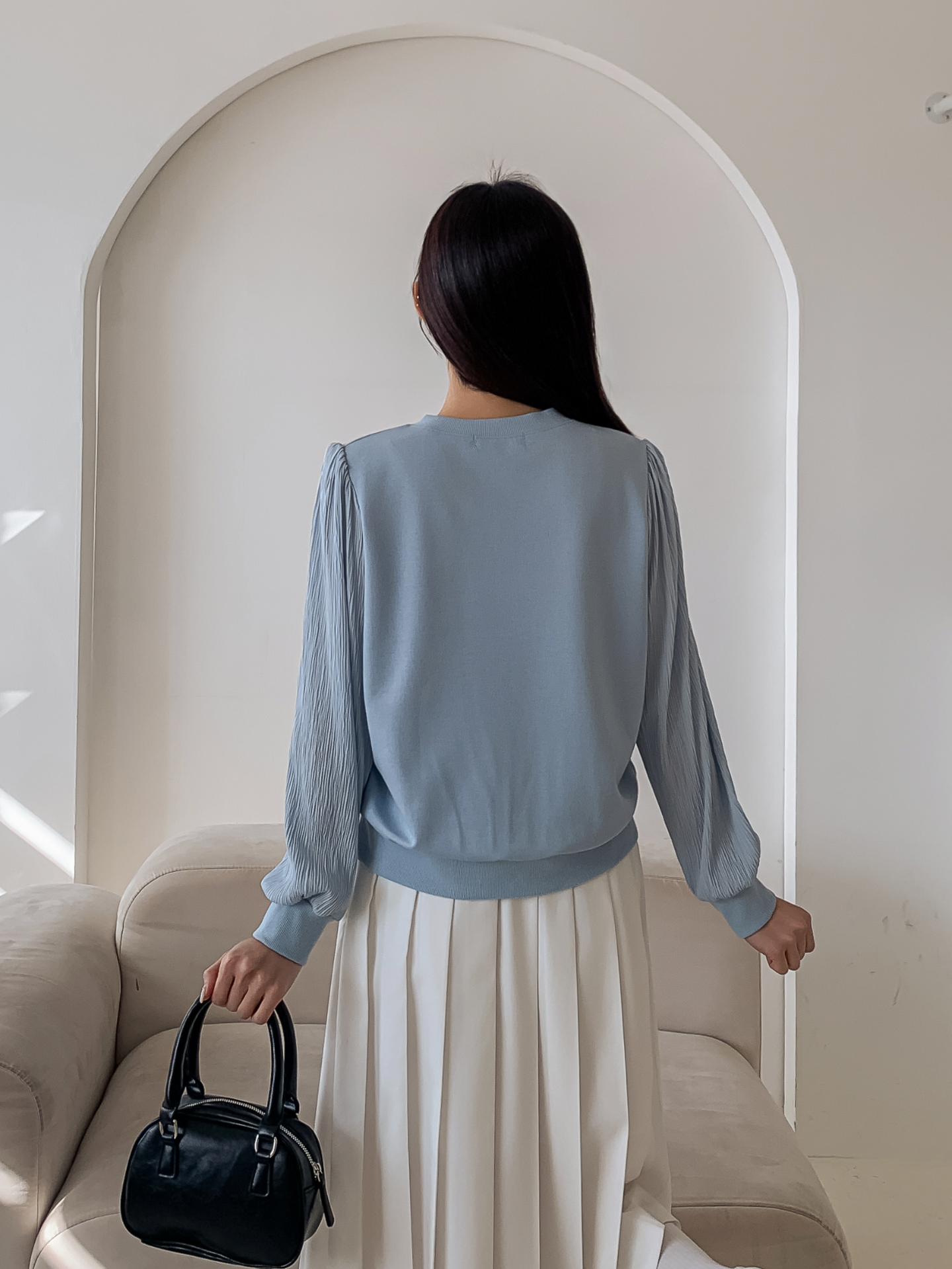 シフォンコンビVネックパフスリーブルーズ長袖無地ブラウススウェット | 詳細画像5