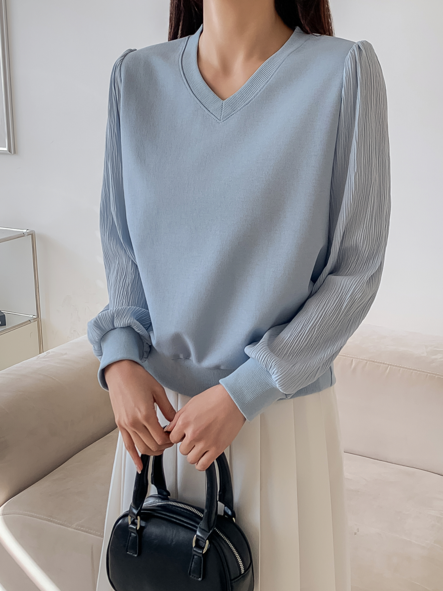 シフォンコンビVネックパフスリーブルーズ長袖無地ブラウススウェット | 詳細画像6