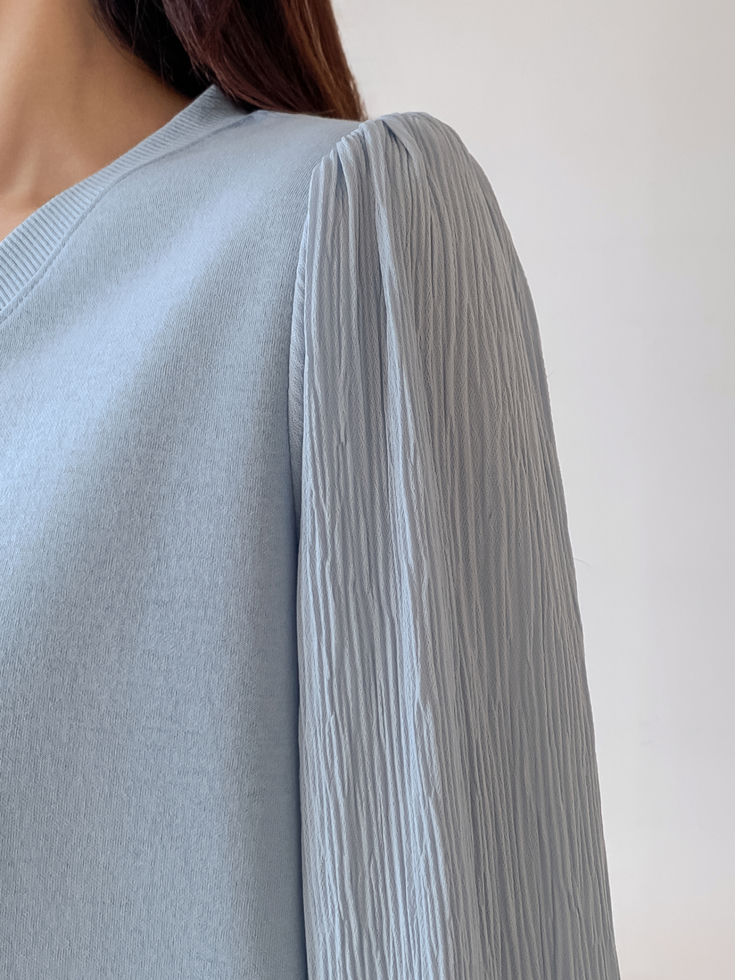 シフォンコンビVネックパフスリーブルーズ長袖無地ブラウススウェット | 詳細画像8