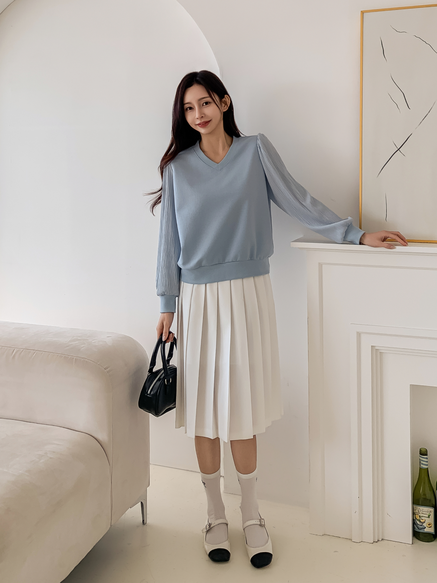 シフォンコンビVネックパフスリーブルーズ長袖無地ブラウススウェット | 詳細画像9