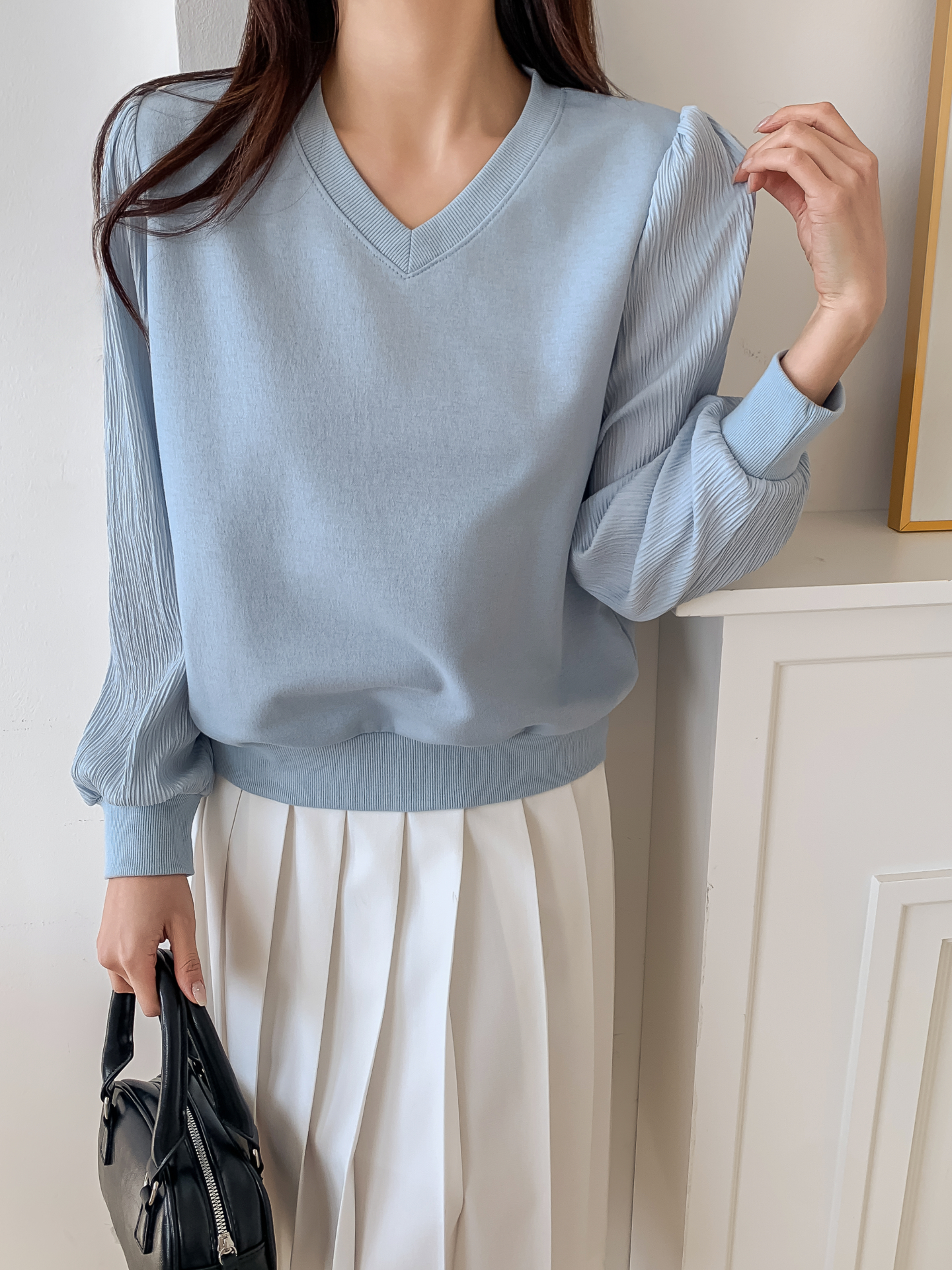 シフォンコンビVネックパフスリーブルーズ長袖無地ブラウススウェット | 詳細画像10