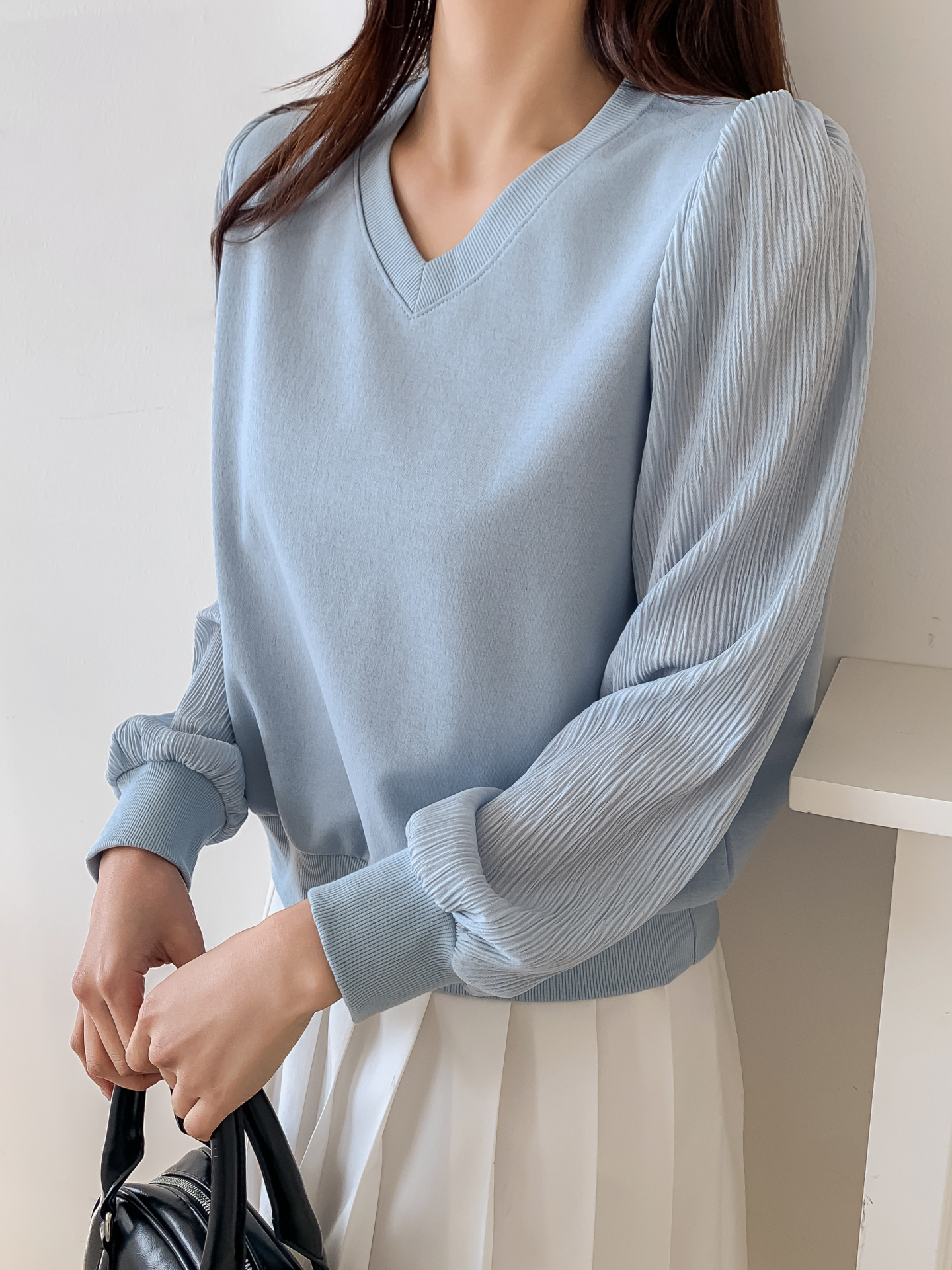 シフォンコンビVネックパフスリーブルーズ長袖無地ブラウススウェット | 詳細画像11