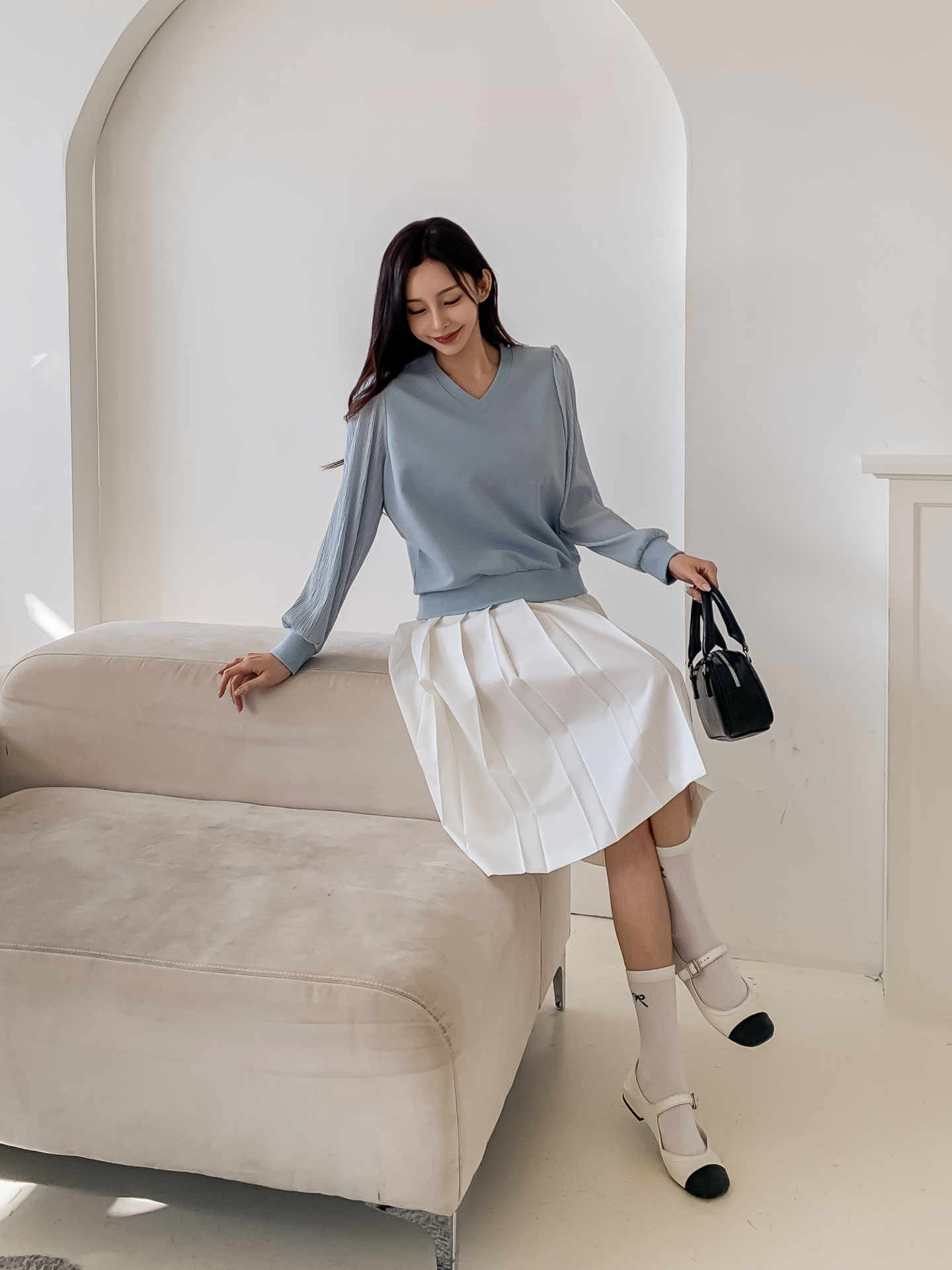 シフォンコンビVネックパフスリーブルーズ長袖無地ブラウススウェット | 詳細画像12