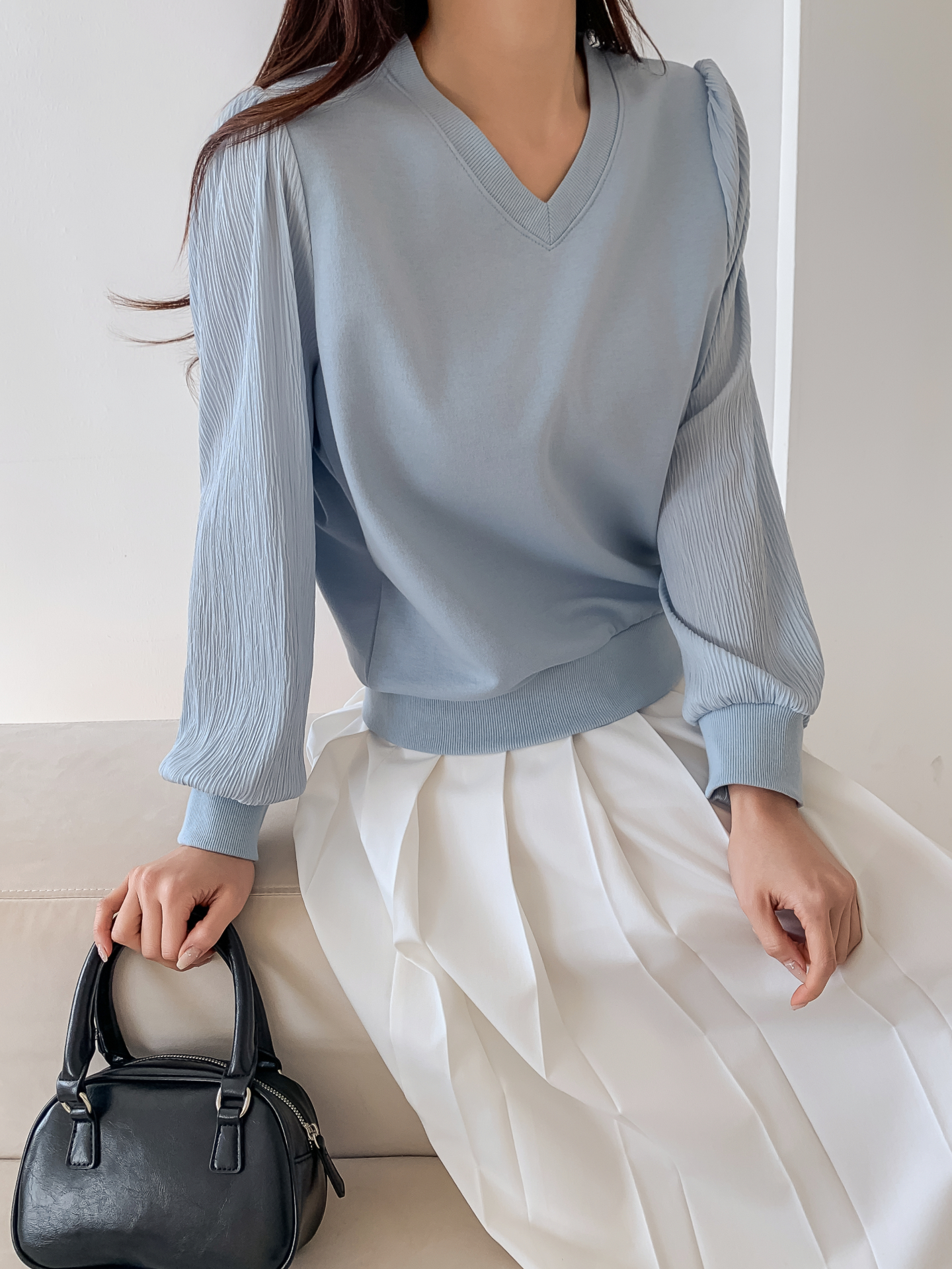 シフォンコンビVネックパフスリーブルーズ長袖無地ブラウススウェット | 詳細画像13