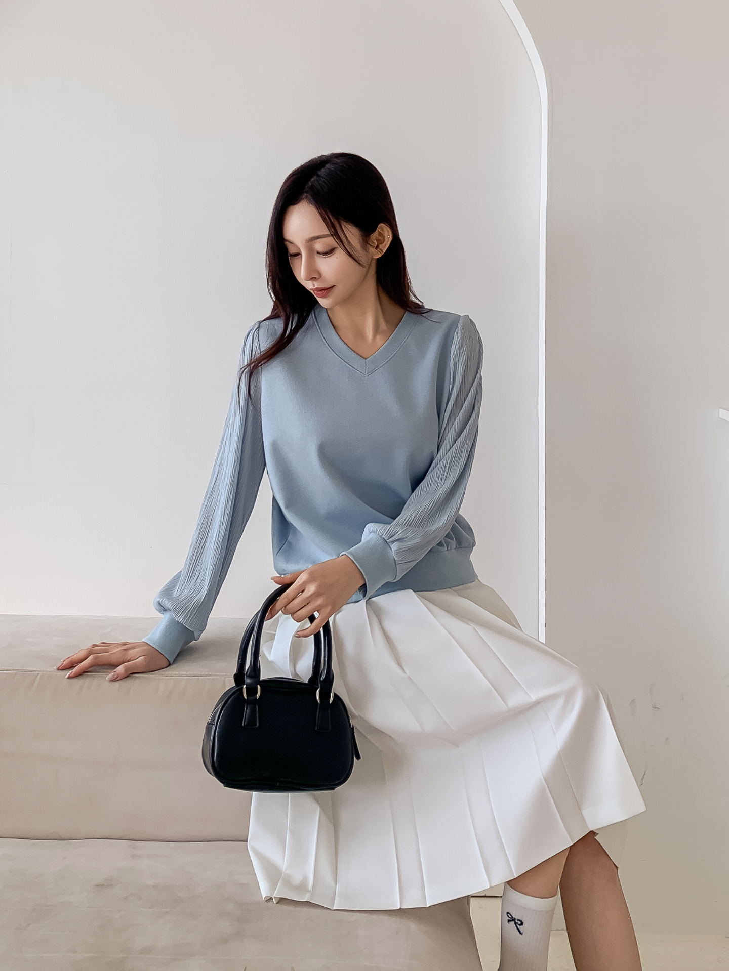 シフォンコンビVネックパフスリーブルーズ長袖無地ブラウススウェット | 詳細画像14