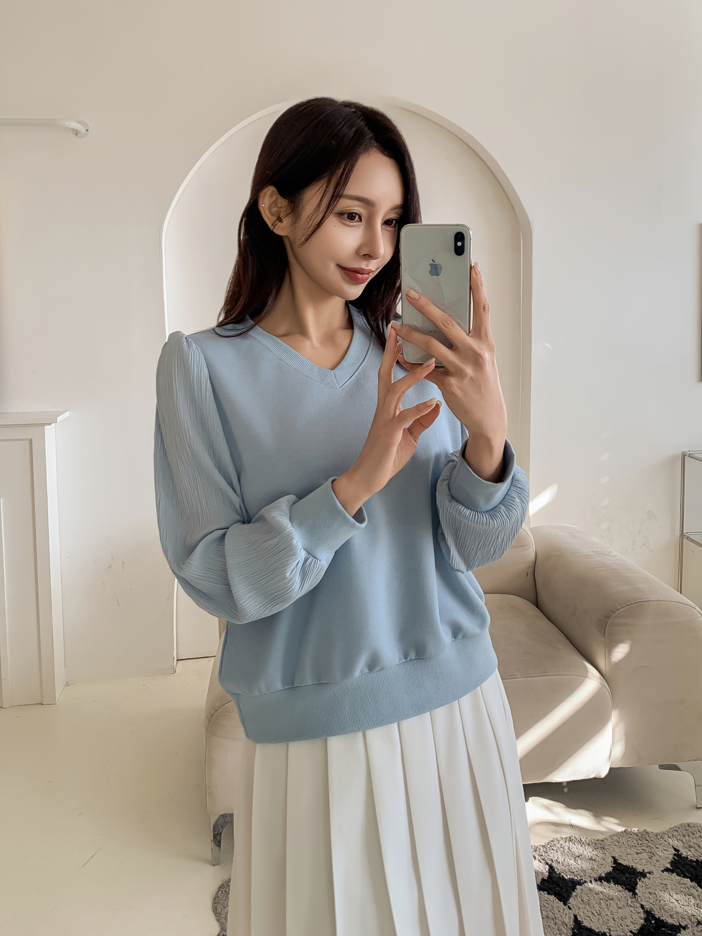 シフォンコンビVネックパフスリーブルーズ長袖無地ブラウススウェット | 詳細画像16