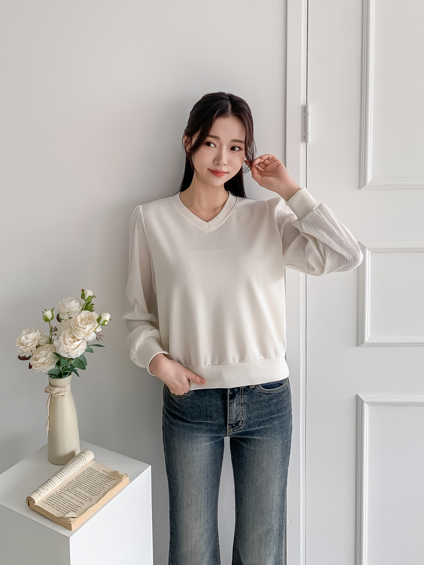 シフォンコンビVネックパフスリーブルーズ長袖無地ブラウススウェット | 詳細画像17