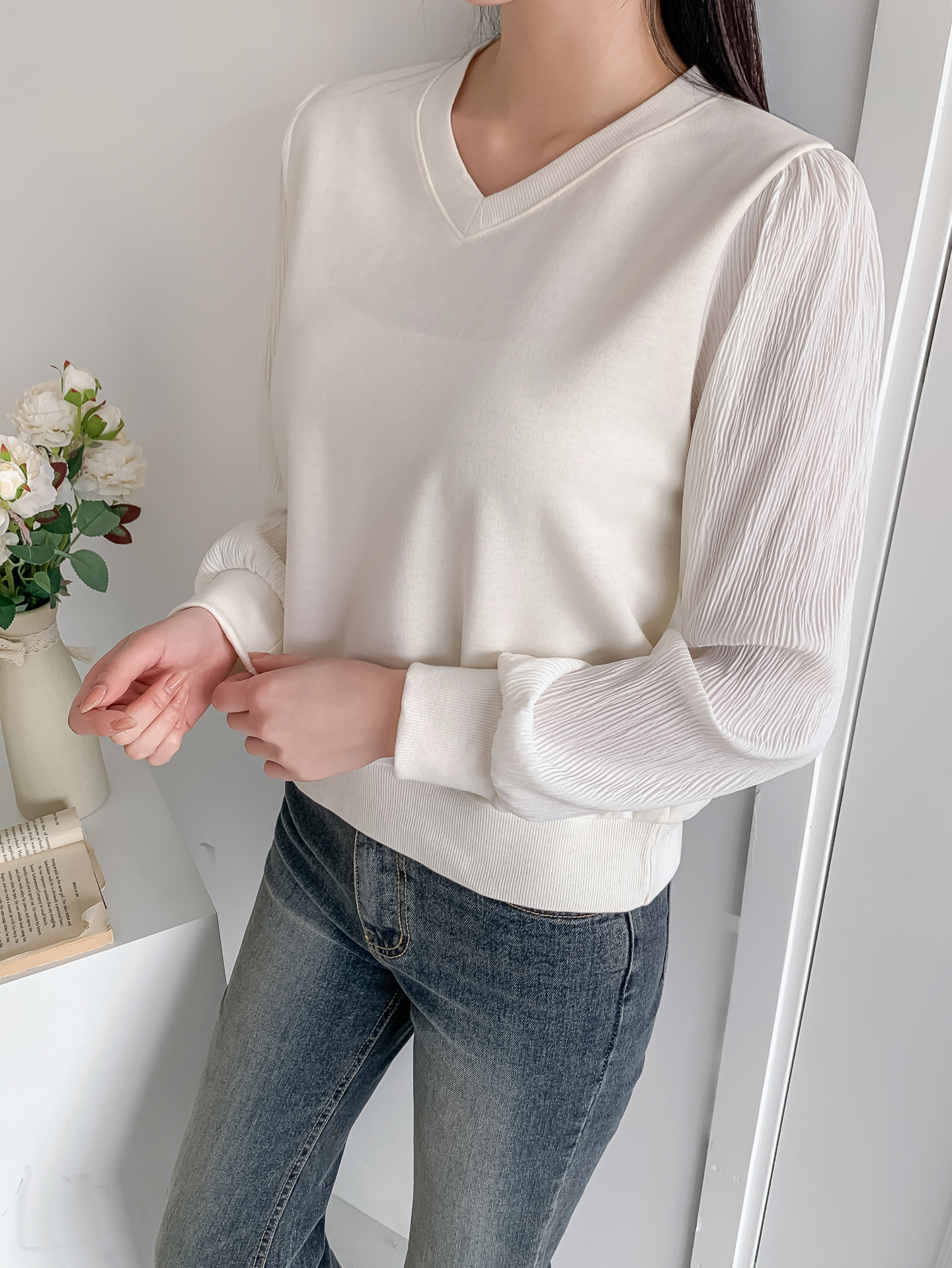 シフォンコンビVネックパフスリーブルーズ長袖無地ブラウススウェット | 詳細画像18