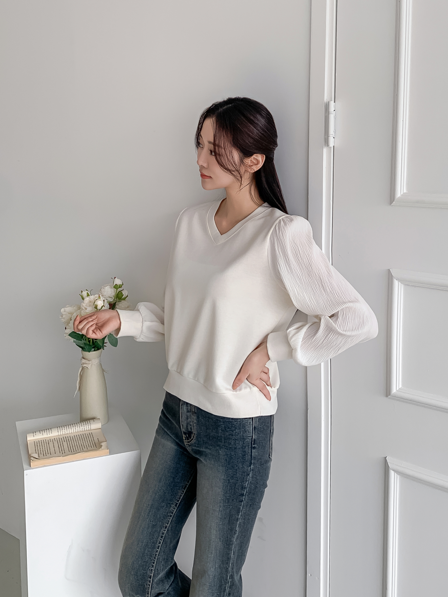 シフォンコンビVネックパフスリーブルーズ長袖無地ブラウススウェット | 詳細画像19