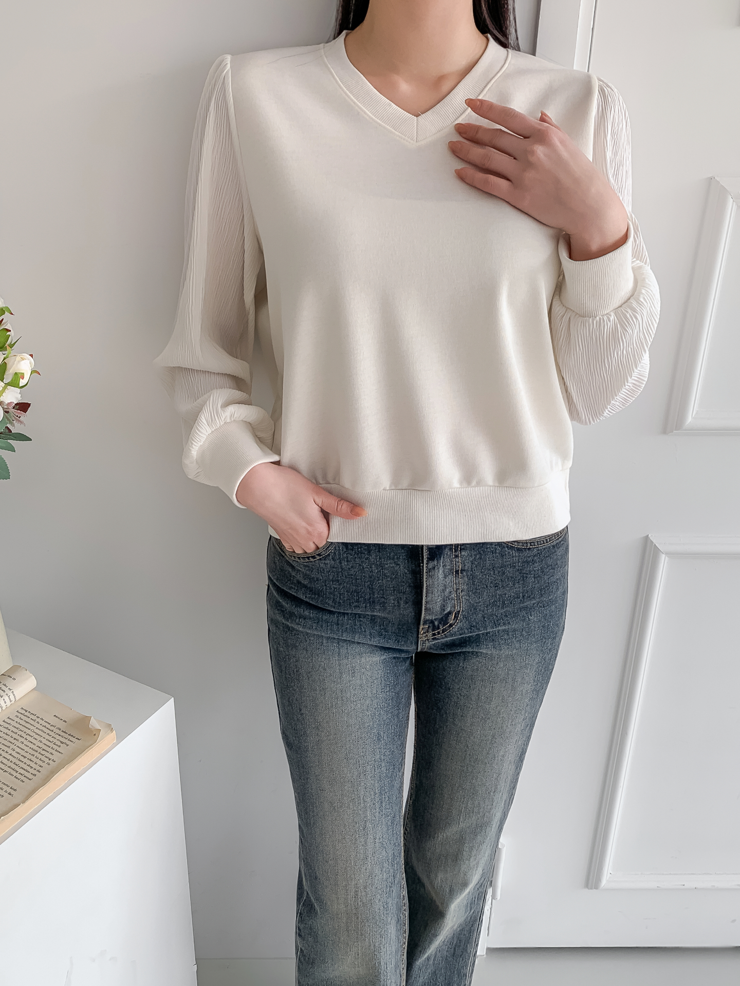 シフォンコンビVネックパフスリーブルーズ長袖無地ブラウススウェット | 詳細画像20