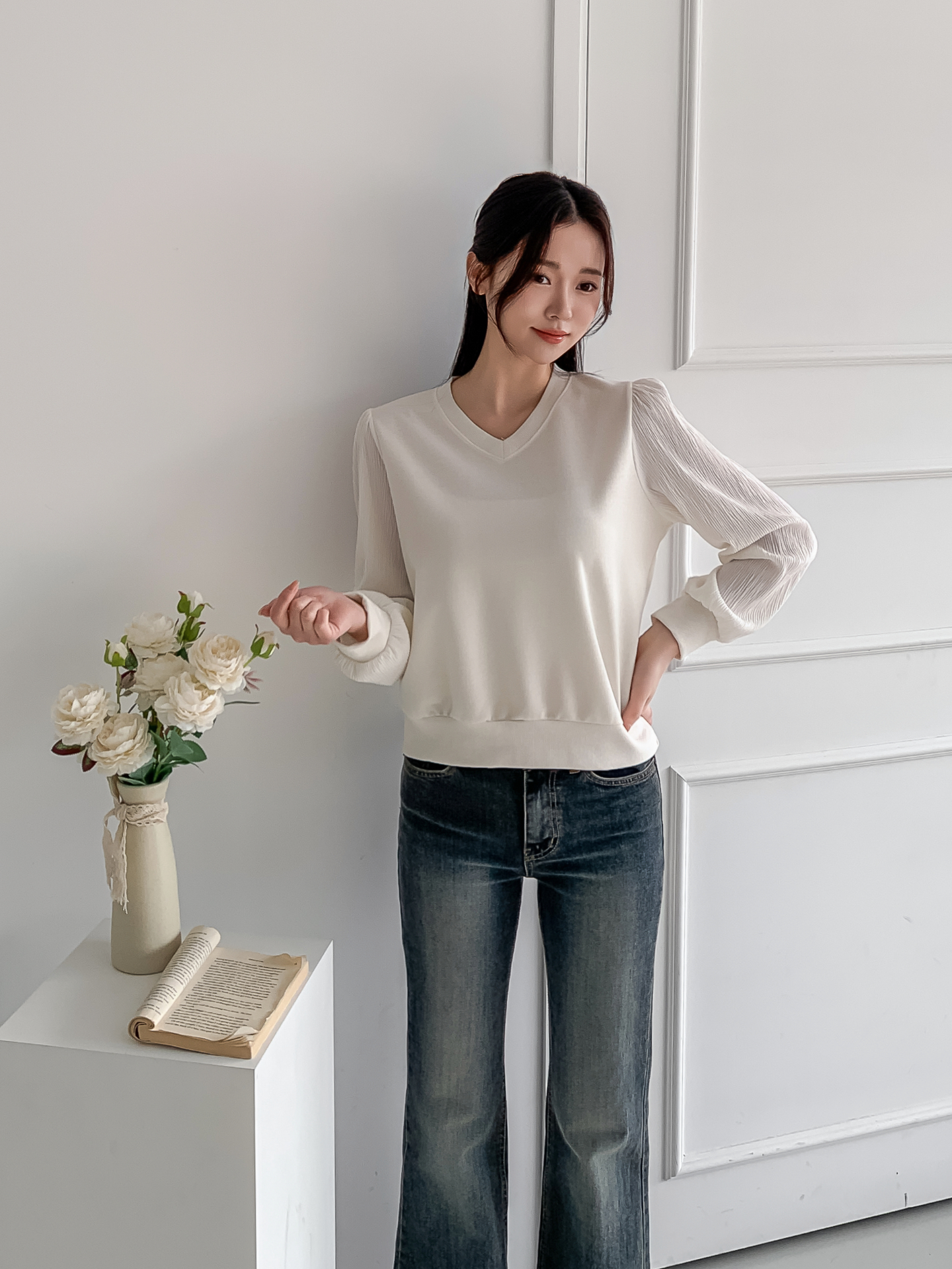 シフォンコンビVネックパフスリーブルーズ長袖無地ブラウススウェット | 詳細画像21