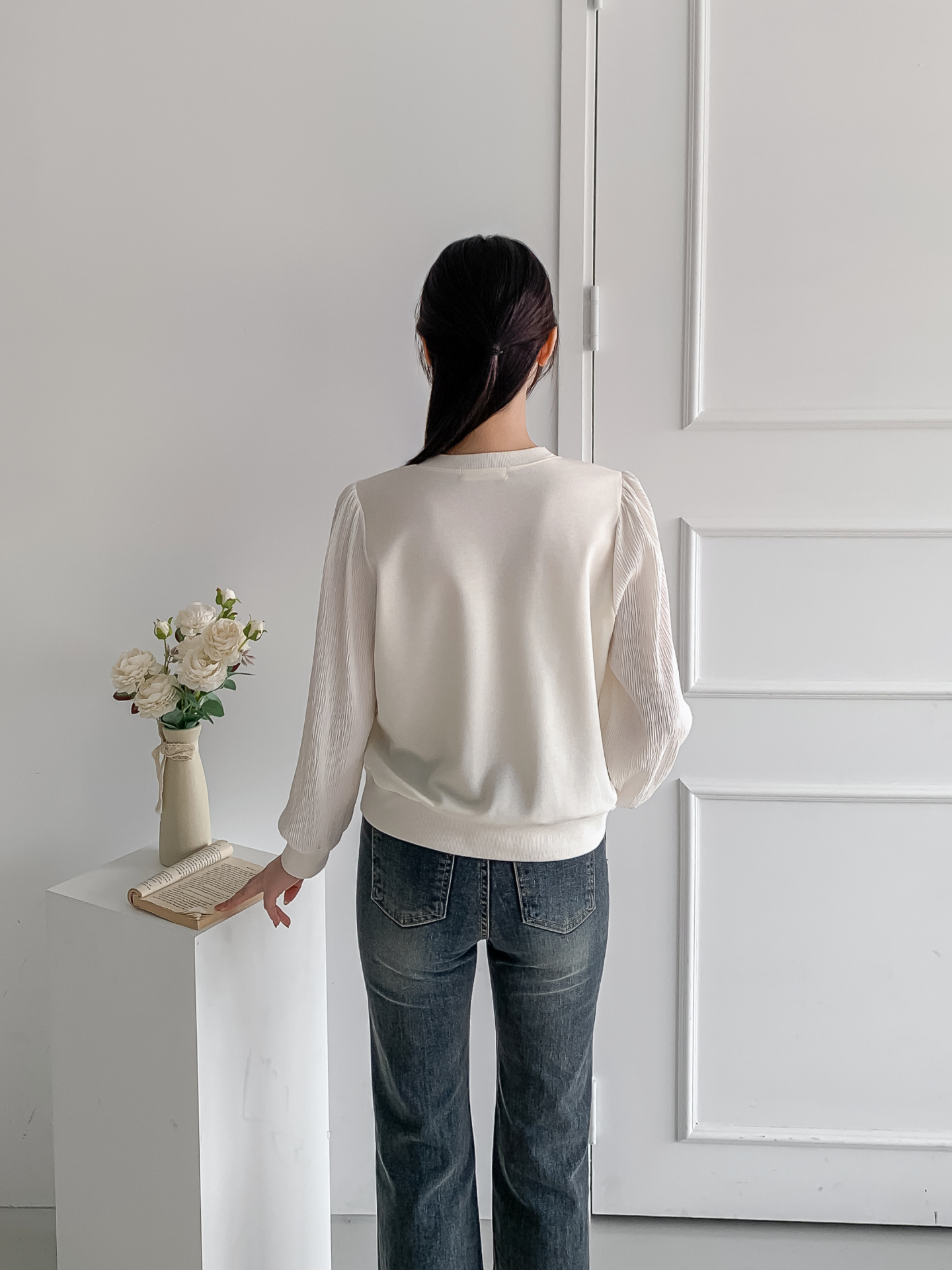 シフォンコンビVネックパフスリーブルーズ長袖無地ブラウススウェット | 詳細画像22