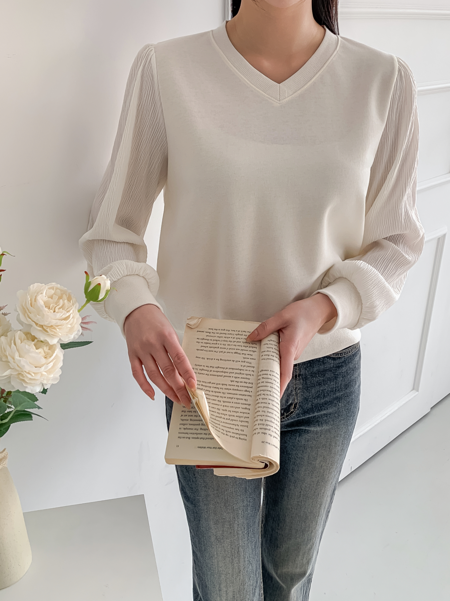 シフォンコンビVネックパフスリーブルーズ長袖無地ブラウススウェット | 詳細画像23