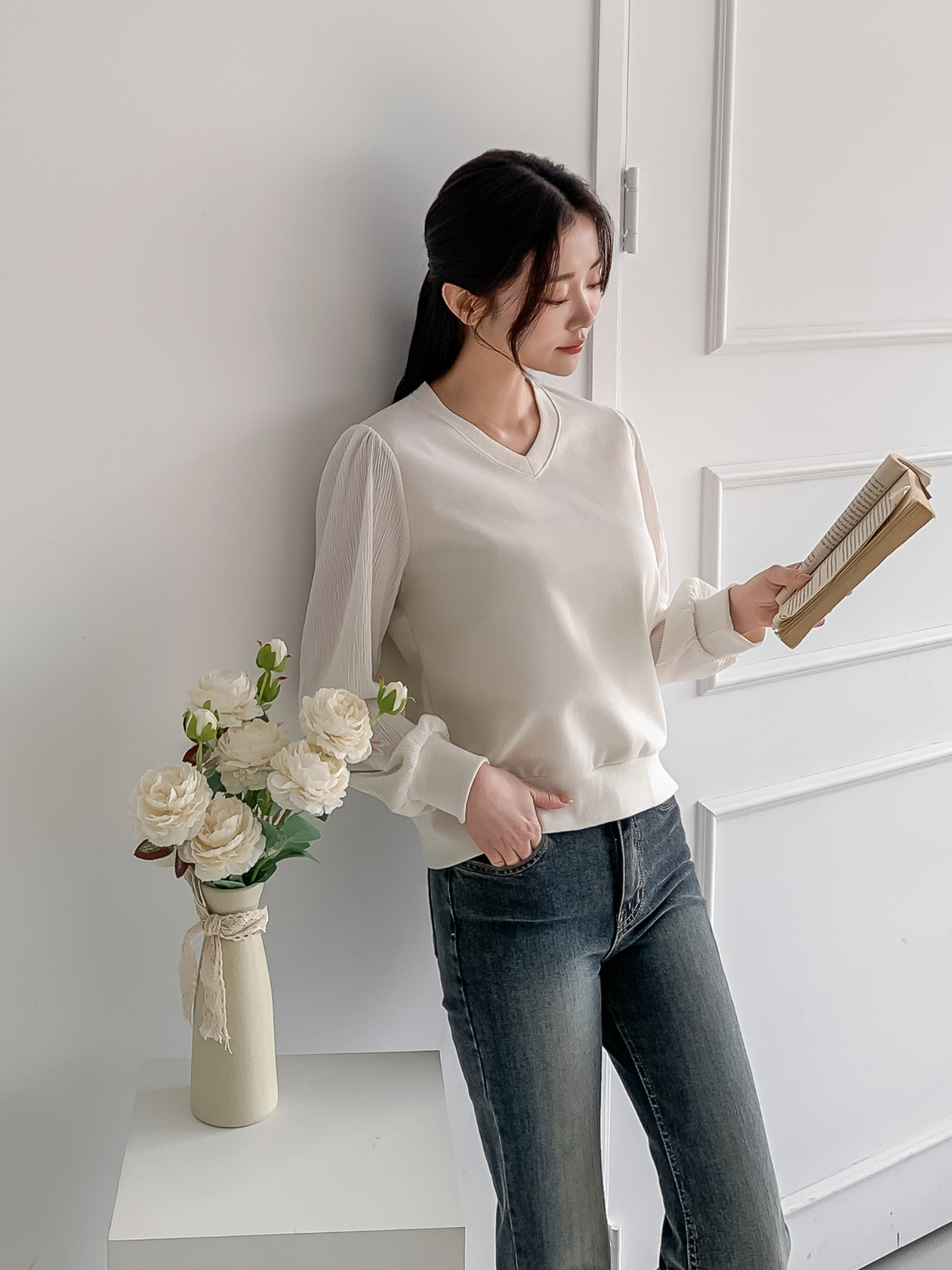 シフォンコンビVネックパフスリーブルーズ長袖無地ブラウススウェット | 詳細画像24